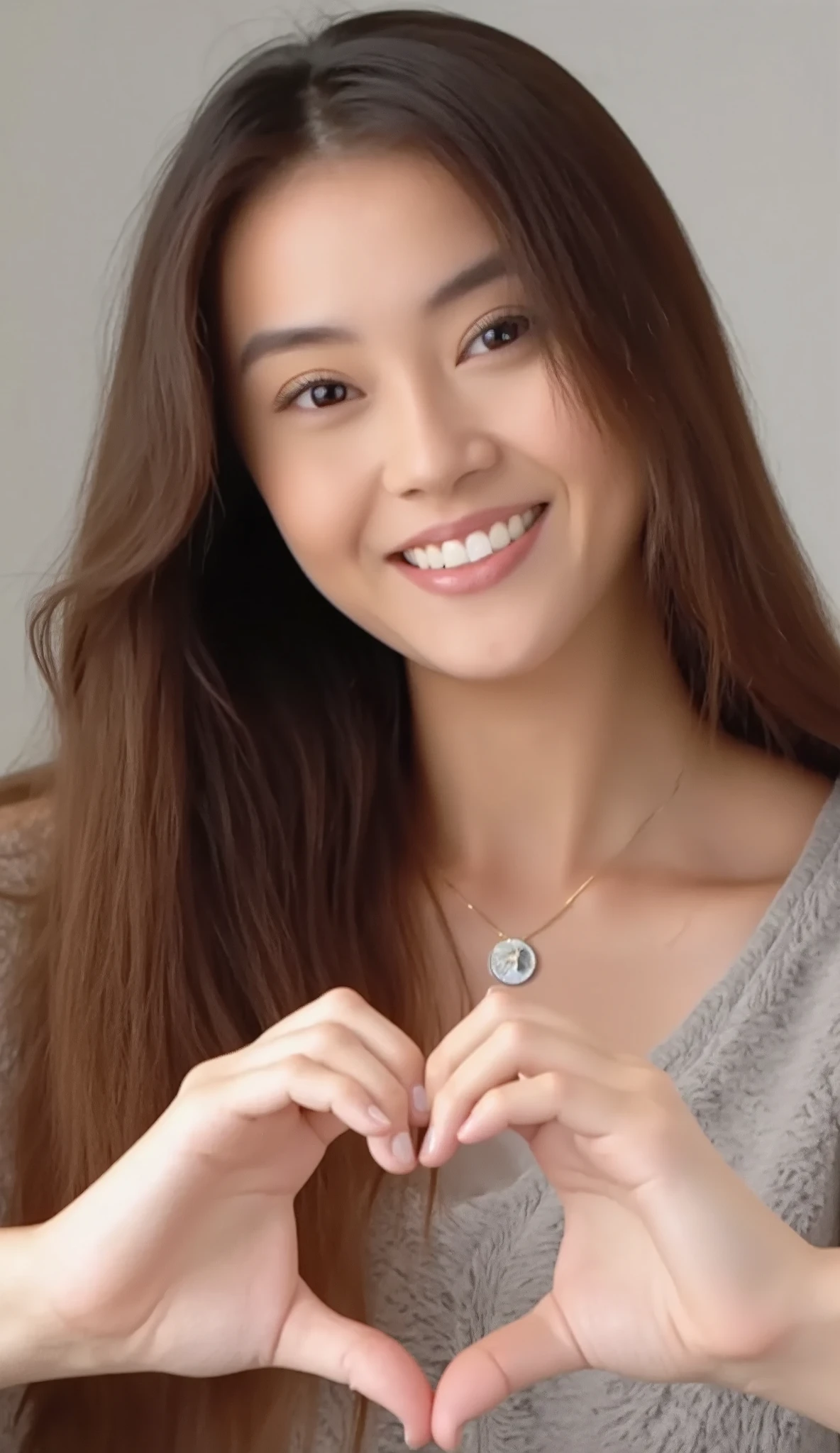  high res、 1 woman with a cute smile、  fluffy off-shoulder pajamas,  make a big heart with both hands , Hold it in front of your chest , View above the collarbone、  has a monotone background  

