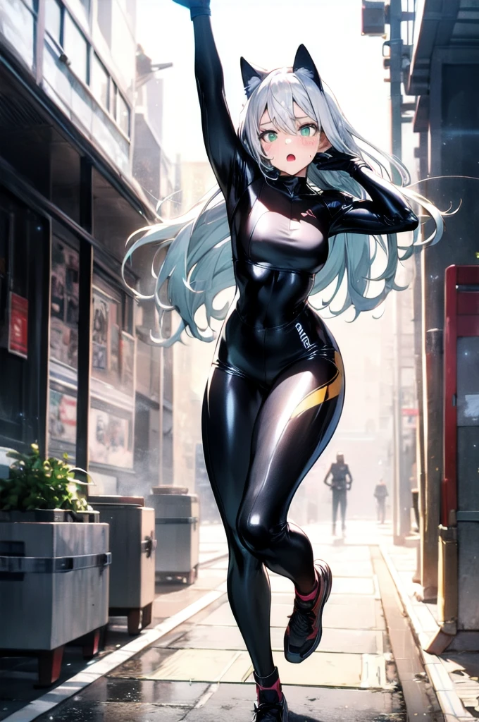 insanely detailed, beautiful, exquisite, masterpiece, best quality, FHD, 16K, absurdres,
1girl,
flat chest, white hair,very long hair,,golden eyes,
full body, zentai,cameltoe,groin,city streets,