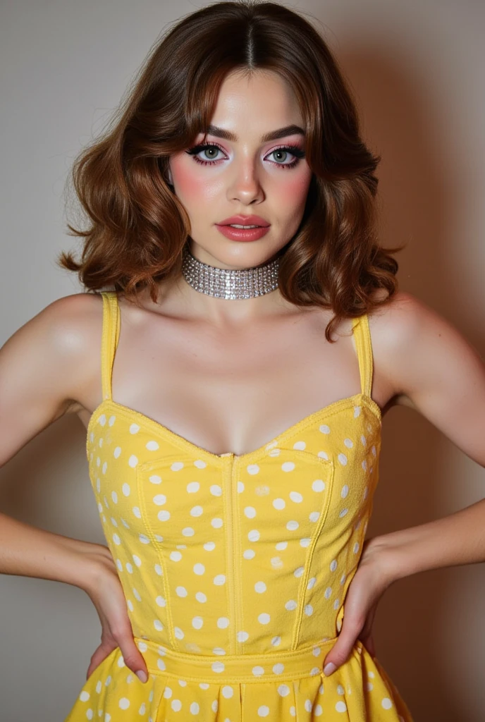 Slim tall athletic woman, skinny, age 25, 8k (High definition), looks like ElenaKoshkaQuiron, beautiful, blue big bug eyes, dressed like a feminine 1950s housewife, yellow polkadot dress,high heels, vacuuming her house, full body Caucasian pale skin, drag queen makeup, wavy thick drag queen brown wig, small perky breasts, hands on her hips