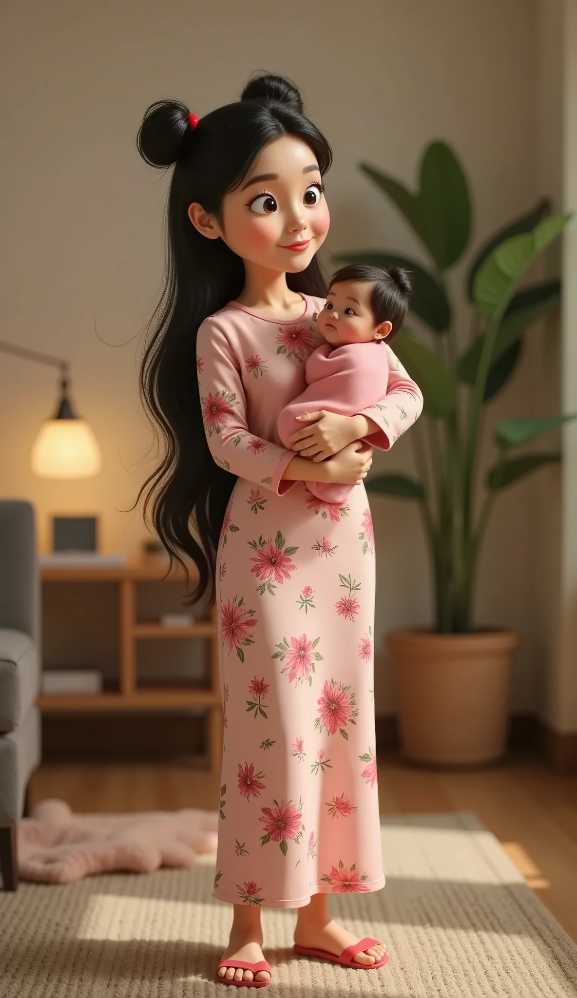 3D animation pixar of amira with long loose wavy hair without buns)), amira wearing floral print long dress with pink sandal, standing up in living room with , amira is a mother holding a baby in a pink swaddle, and looking at the baby with love pixar, 3d animations, mother's day vibe, pixar, cartoon, cg art, close up