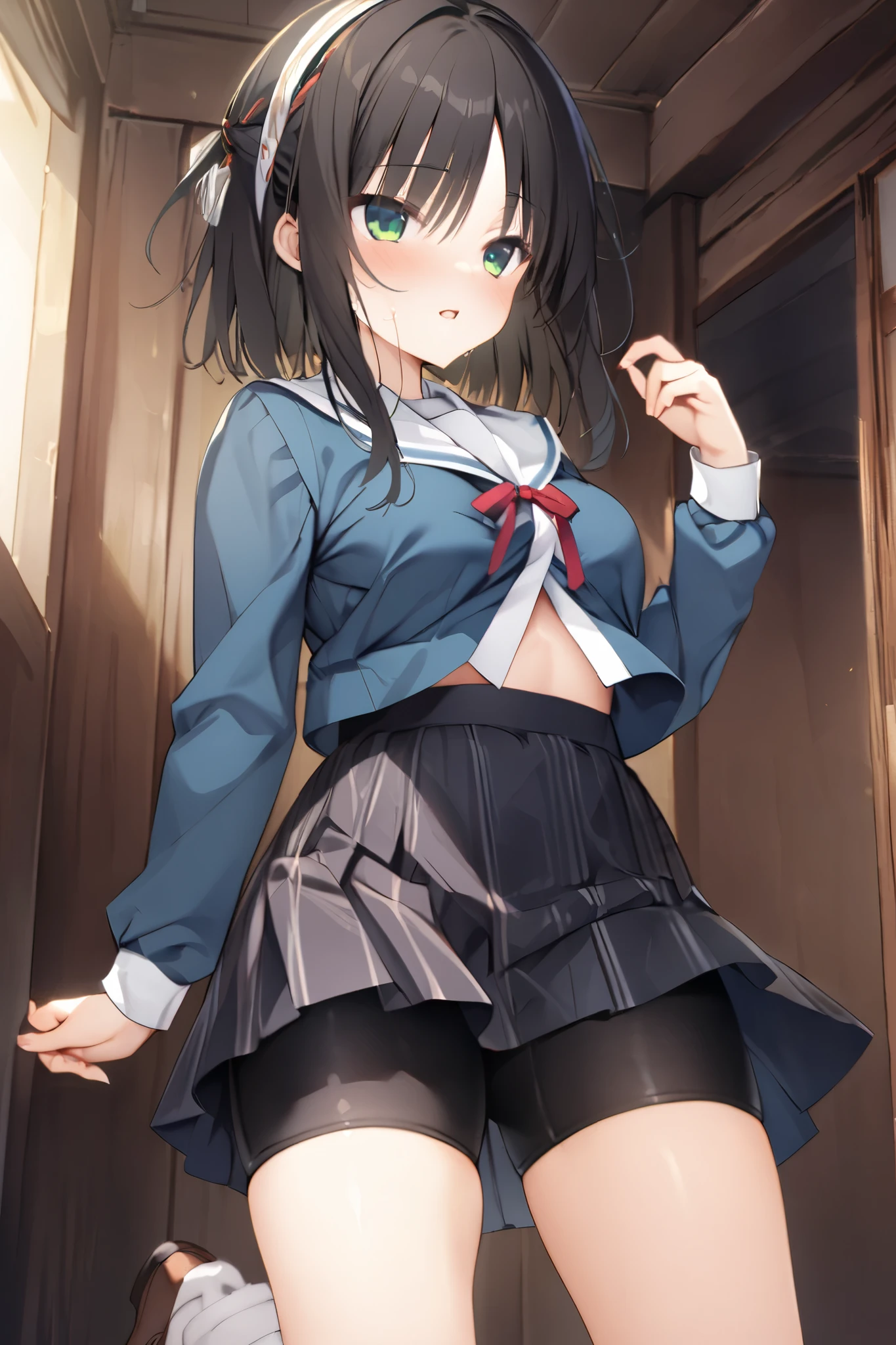 NSFW,masterpiece, top quality , high res, very detailed,Hitachi Mako 、Yuzu Soft、 black hair、 medium hair、Green Eyes、 、 medium bust、 School Uniforms、side lock、short hair and long rock 、 headband、Tassel、 white sailor color 、 blue jacket、 cropped jacket 、Sleeveless、Red ribbon、 shirt、白 shirt、 Long Sleeve 、 skirt、青 skirt、フリル skirt、 black shorts、ショートパンツアンダー skirt、 bike shorts、 white socks、 Loose Socks 、shoes、Brown footwear