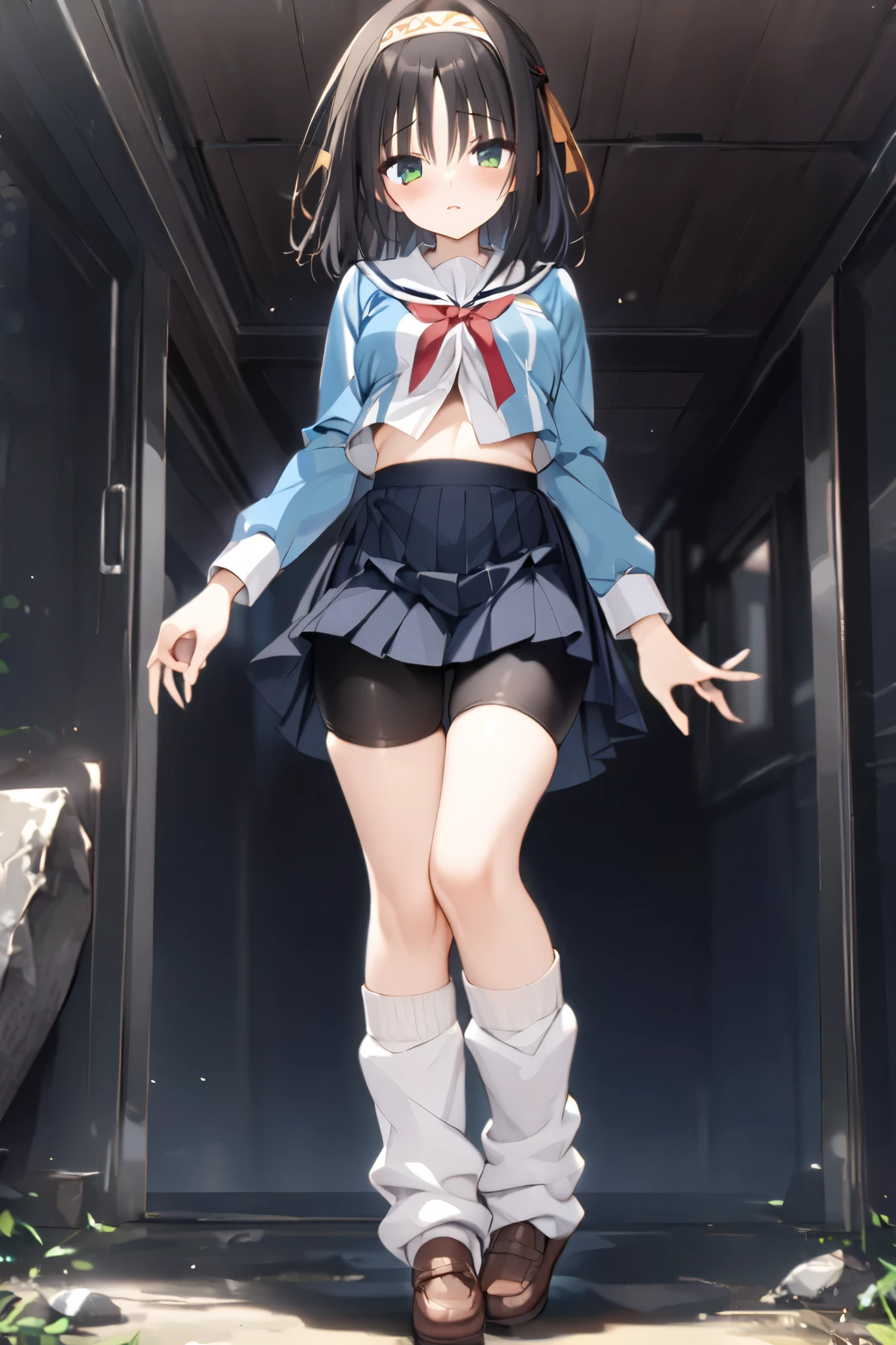 NSFW,masterpiece, top quality , high res, very detailed,Hitachi Mako 、Yuzu Soft、 black hair、 medium hair、Green Eyes、 、 medium bust、 School Uniforms、side lock、short hair and long rock 、 headband、Tassel、 white sailor color 、 blue jacket、 cropped jacket 、Sleeveless、Red ribbon、 shirt、白 shirt、 Long Sleeve 、 skirt、青 skirt、フリル skirt、 black shorts、ショートパンツアンダー skirt、 bike shorts、 white socks、 Loose Socks 、shoes、Brown footwear