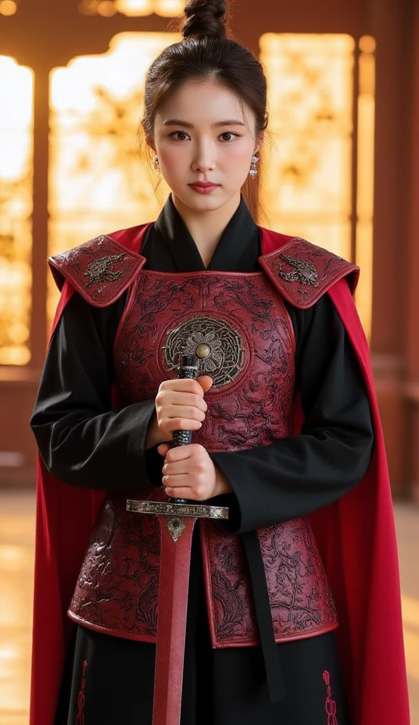 ((Hold the  ancient Chinese Sword with both hands,  Ready  for battle:1.3)) , standing in Chinese Palace, sunset, Front view, Full-body,   ancient Chinese girl, name is Shin Sekyung, 2 century, looking at viewer, beautiful Chinese  Young General,  girl is 2, (Highly detailed face, Black hair, middle hair ,Brown eye, Variegated eyes, Ordinary eyes,  Tapered eyebrows,  Fuller lips, little Lips, sylas), (ears decoration earring), (middle breasts, middle hip), (ancient Chinese costume, Red decoration leather armor emboss armor of dragon ,  leather inner clothes,  put shoulder Red Cloak ),(ancient Chinese shoes),   (a ancient Chinese sword ,  beautiful sword, metallic bright sword),  ,(masterpiece, Highest quality, masterpiece, God-like quality, Godly art, , Very realistic)