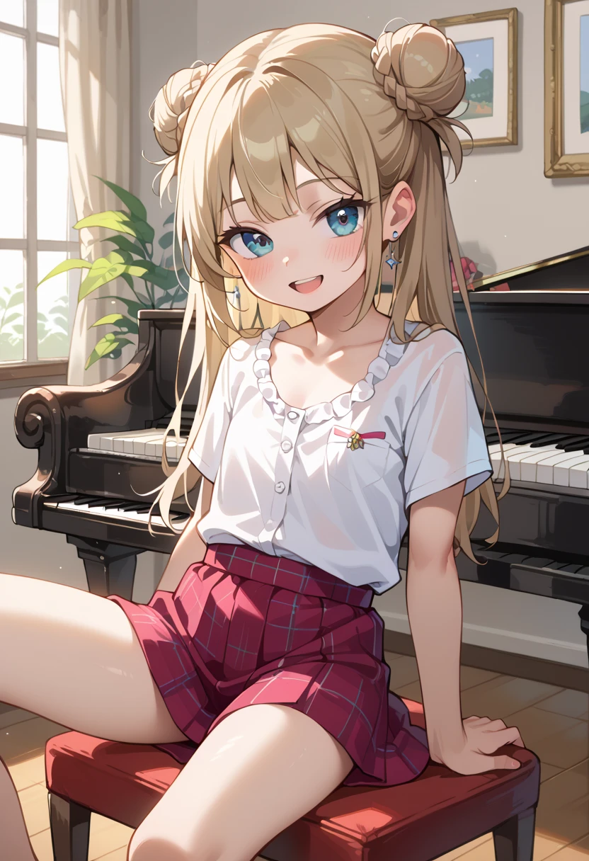 (( top quality )), ((masterpiece)), (be familiar with),  perfect face, indoor, bedroom,  Watching Viewers ,
One woman, I was,
 open mouth,  ecstatic expression beside the piano, blush, smile,
 small tits,  flat chest, Young girl, Lori,  s,  girl,
 long hair,  twin bun hair ,
Leg spread,