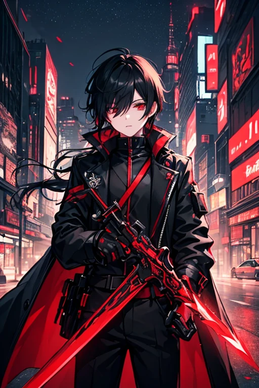 (( top quality )), ((masterpiece)), (  Details),　Holding a red and black futuristic metal sword in his hand　Male young  　 black hair with one eye hidden  　  futuristic industrial anime clothing  　  long coat in slightly larger black 　 black and red 　  red eyes　 Game　 A giant city with a lazy face and neon lights at night