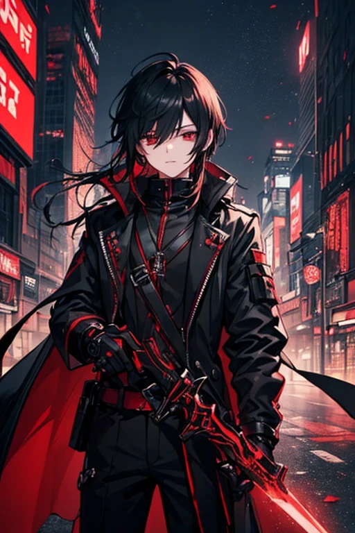 (( top quality )), ((masterpiece)), (  Details),　Holding a red and black futuristic metal sword in his hand　Male young  　 black hair with one eye hidden  　  futuristic industrial anime clothing  　  long coat in slightly larger black 　 black and red 　  red eyes　 Game　 A giant city with a lazy face and neon lights at night