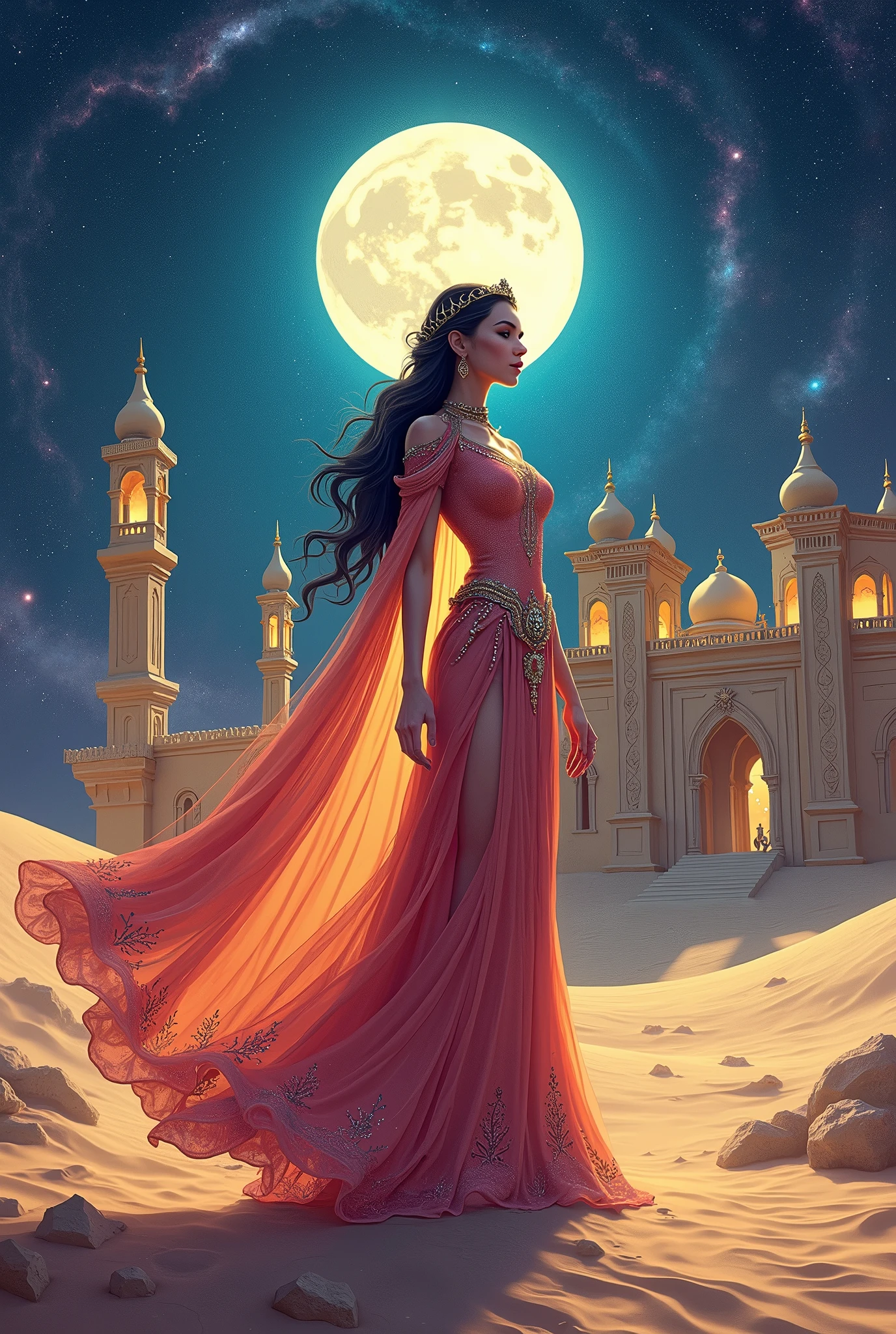 Arabian Nights,  Desert Palace , Queen of the Desert,  like a beautiful goddess ,  colorful dress , Swirling galaxies on the lunar desert ,  A Beautiful Night Sky ,  moonlight, Cartoon Art, 