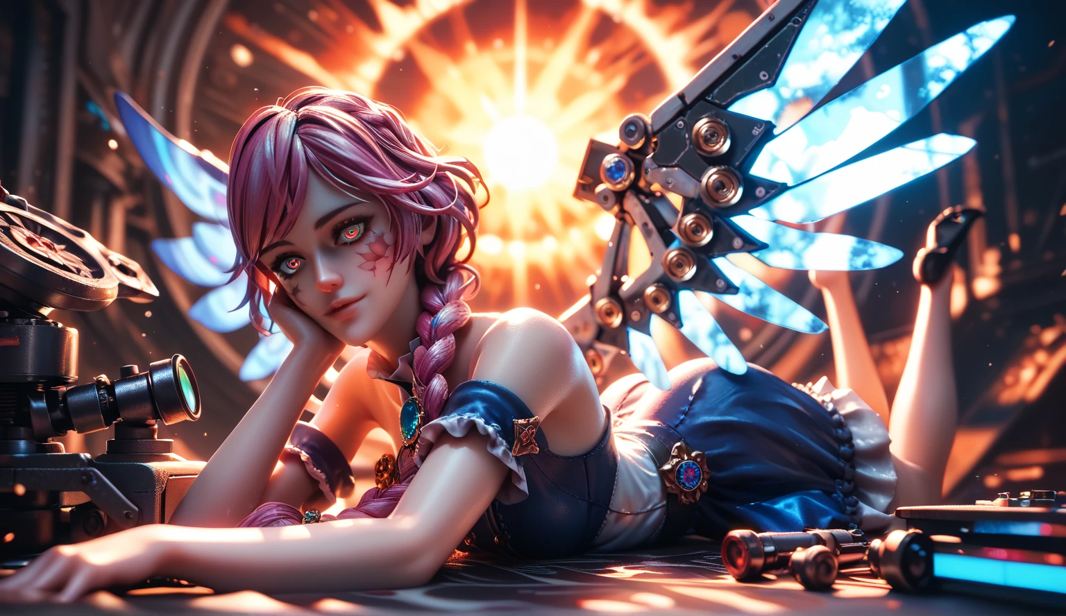 Abstract Background，Hot Girls，the scientist， bloodstained eyes ， playful face ，Braided Ponytail， sapphire brooch，Bare shoulders， format，Mechanical wings，Prone，Arms outstretched and straight，sun，kaleidoscope photography，Natural Method 