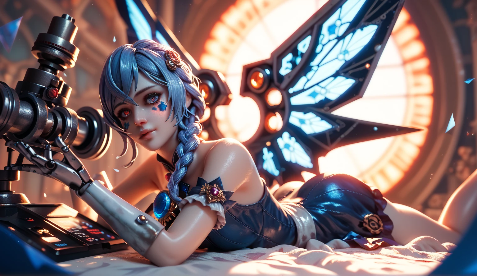 Abstract Background，Hot Girls，the scientist， bloodstained eyes ， playful face ，Braided Ponytail， sapphire brooch，Bare shoulders， format，Mechanical wings，Prone，Arms outstretched and straight，sun，kaleidoscope photography，Natural Method 