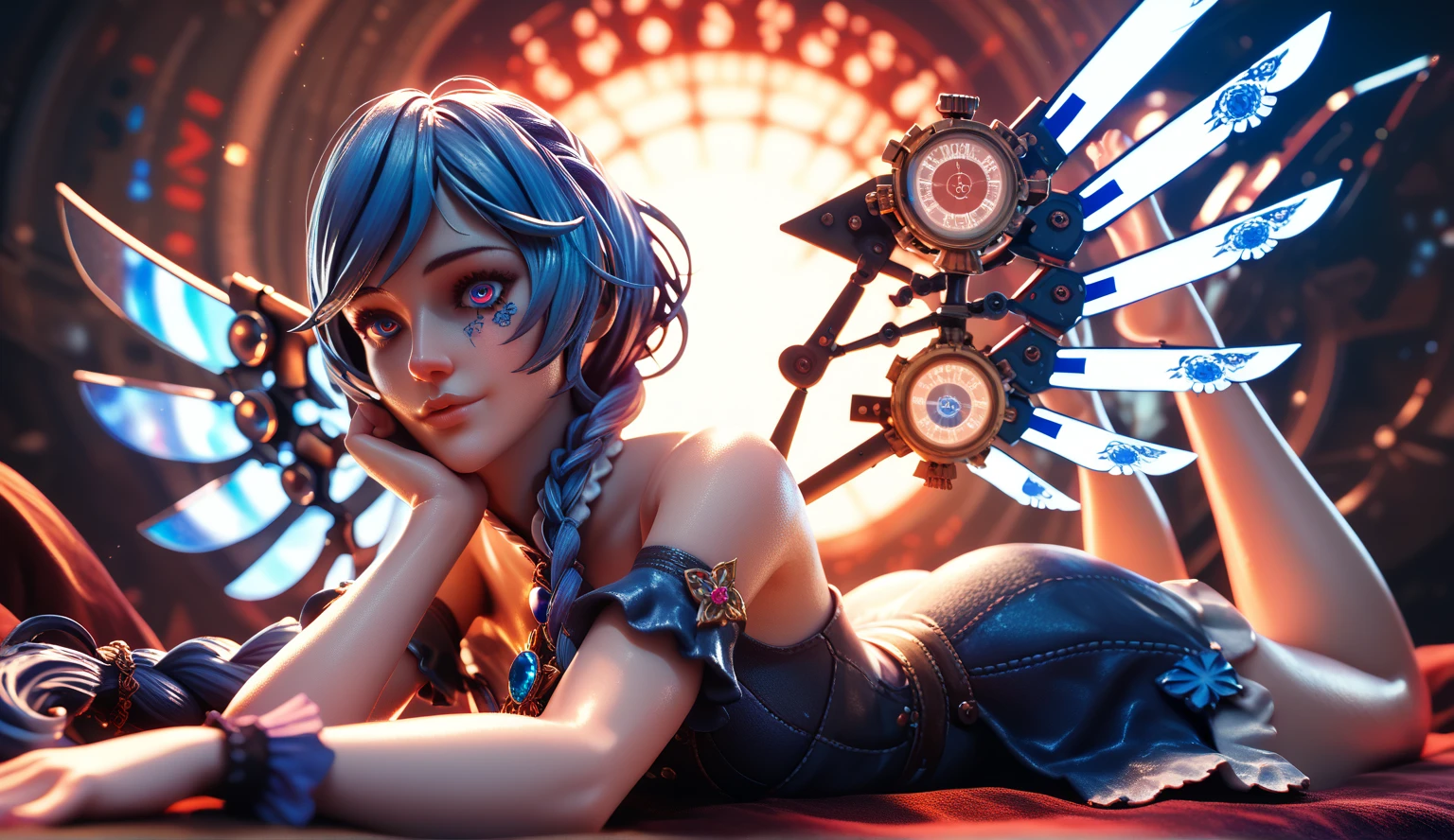 Abstract Background，Hot Girls，the scientist， bloodstained eyes ， playful face ，Braided Ponytail， sapphire brooch，Bare shoulders， format，Mechanical wings，Prone，Arms outstretched and straight，sun，kaleidoscope photography，Natural Method 