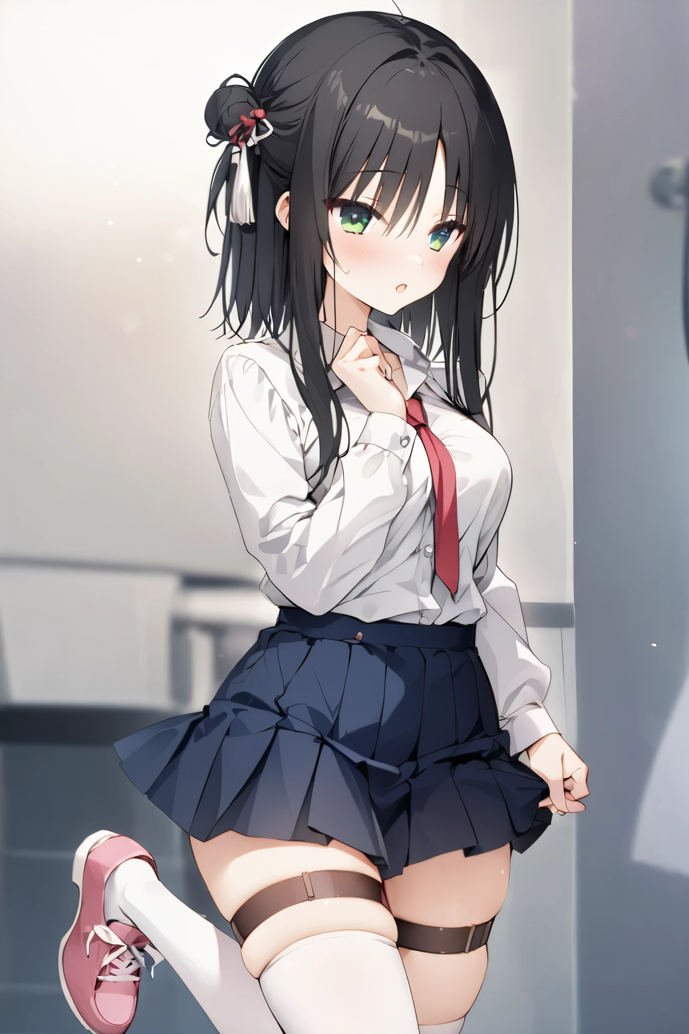 NSFW,masterpiece, top quality , high res, very detailed,Hitachi Mako 、Yuzu Soft、 black hair、 medium hair、Green Eyes、 、 medium bust、casual 1、 bun hair 、 single bun、 single sided bun、 Tassel Headwear 、 ties、赤い ties、Best、青いBest、 shirt、白い shirt、襟付き shirt、 Long Sleeve 、 Blue Skirt 、 miniskirt、 pleated skirt、 thigh high socks、白い thigh high socks、 thigh strap 、 absolute domain、shoes、 pink footwear 