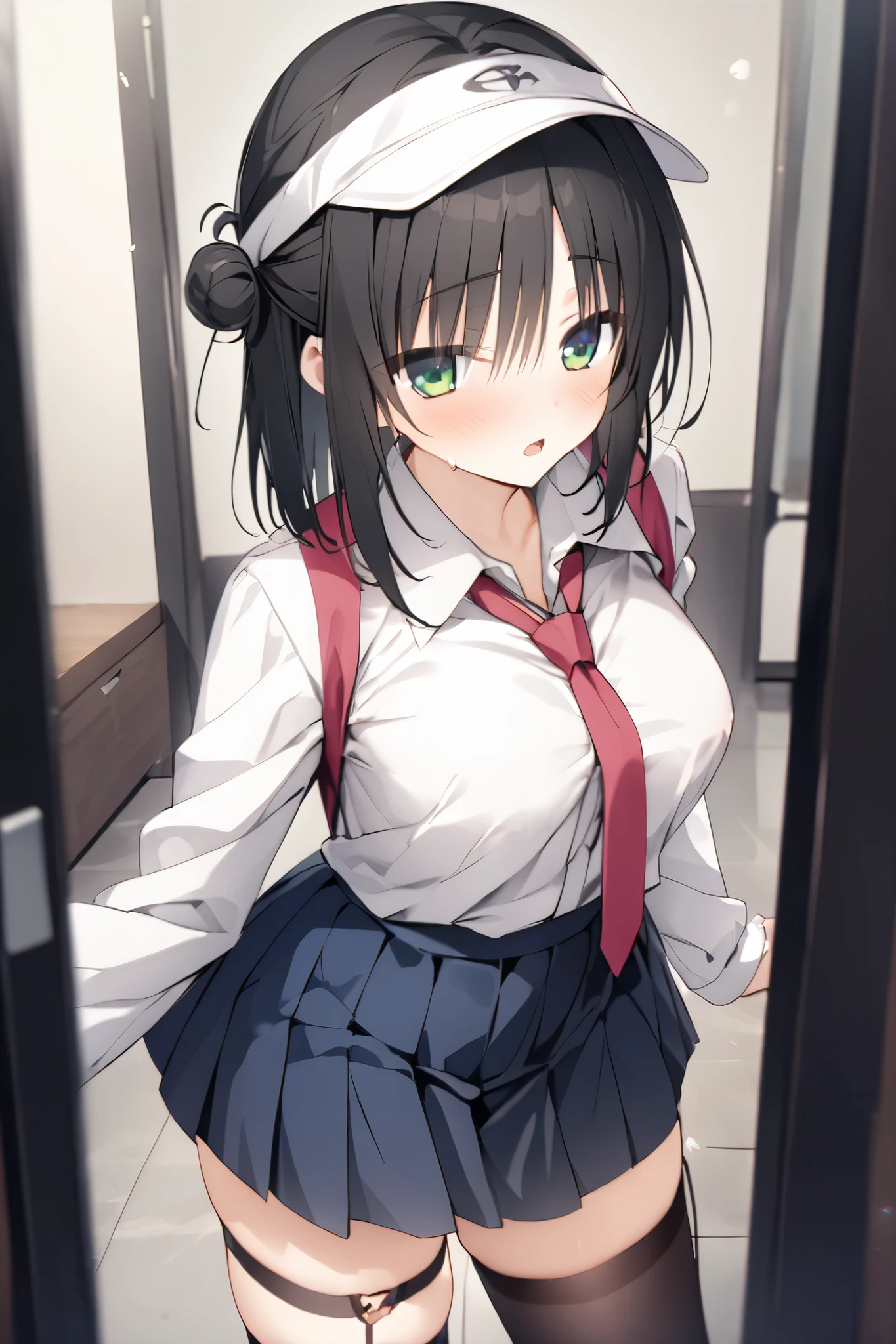 NSFW,masterpiece, top quality , high res, very detailed,Hitachi Mako 、Yuzu Soft、 black hair、 medium hair、Green Eyes、 、 medium bust、casual 1、 bun hair 、 single bun、 single sided bun、 Tassel Headwear 、 ties、赤い ties、Best、青いBest、 shirt、白い shirt、襟付き shirt、 Long Sleeve 、 Blue Skirt 、 miniskirt、 pleated skirt、 thigh high socks、白い thigh high socks、 thigh strap 、 absolute domain、shoes、 pink footwear 