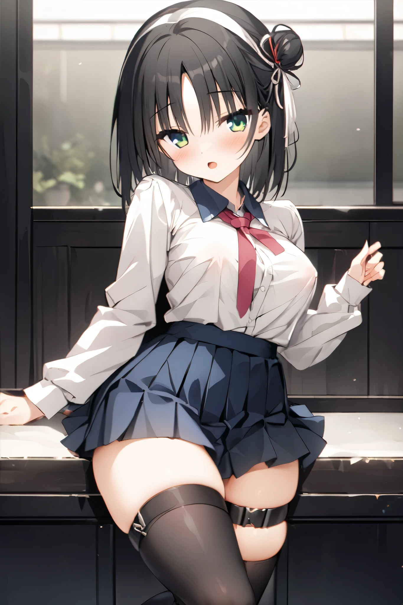 NSFW,masterpiece, top quality , high res, very detailed,Hitachi Mako 、Yuzu Soft、 black hair、 medium hair、Green Eyes、 、 medium bust、casual 1、 bun hair 、 single bun、 single sided bun、 Tassel Headwear 、 ties、赤い ties、Best、青いBest、 shirt、白い shirt、襟付き shirt、 Long Sleeve 、 Blue Skirt 、 miniskirt、 pleated skirt、 thigh high socks、白い thigh high socks、 thigh strap 、 absolute domain、shoes、 pink footwear 