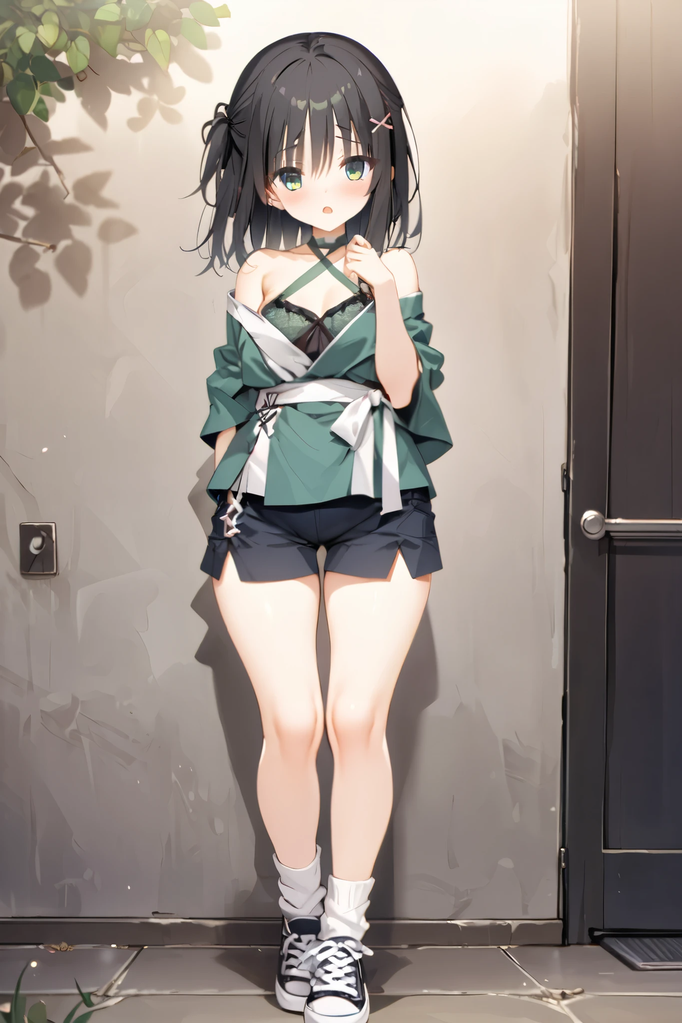 NSFW,masterpiece, top quality , high res, very detailed,Hitachi Mako 、Yuzu Soft、 black hair、 medium hair、Green Eyes、 、 medium bust、casual 2 、side lock、 short hair and long hair、、x Hair accessories、 hair clip、 green shirt 、 halter neck 、 cross halter、 kimono、White clothing、 short kimono、band、 SHORTS、 white socks、 ankle socks 、 sneakers