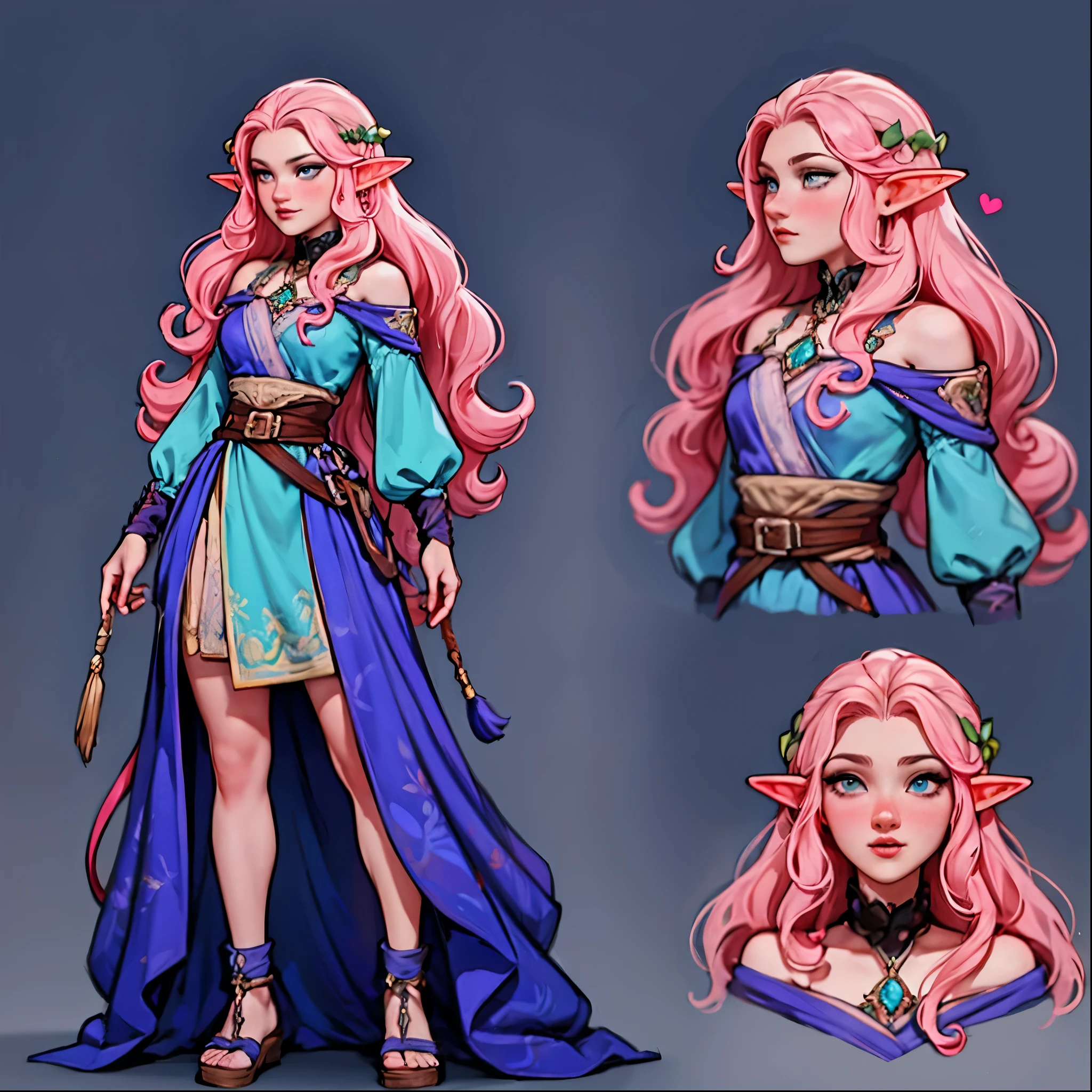 Quality, character sheet, design, positions, woman, long wavy hair, pink hair, blue eyes, elf, dress ,