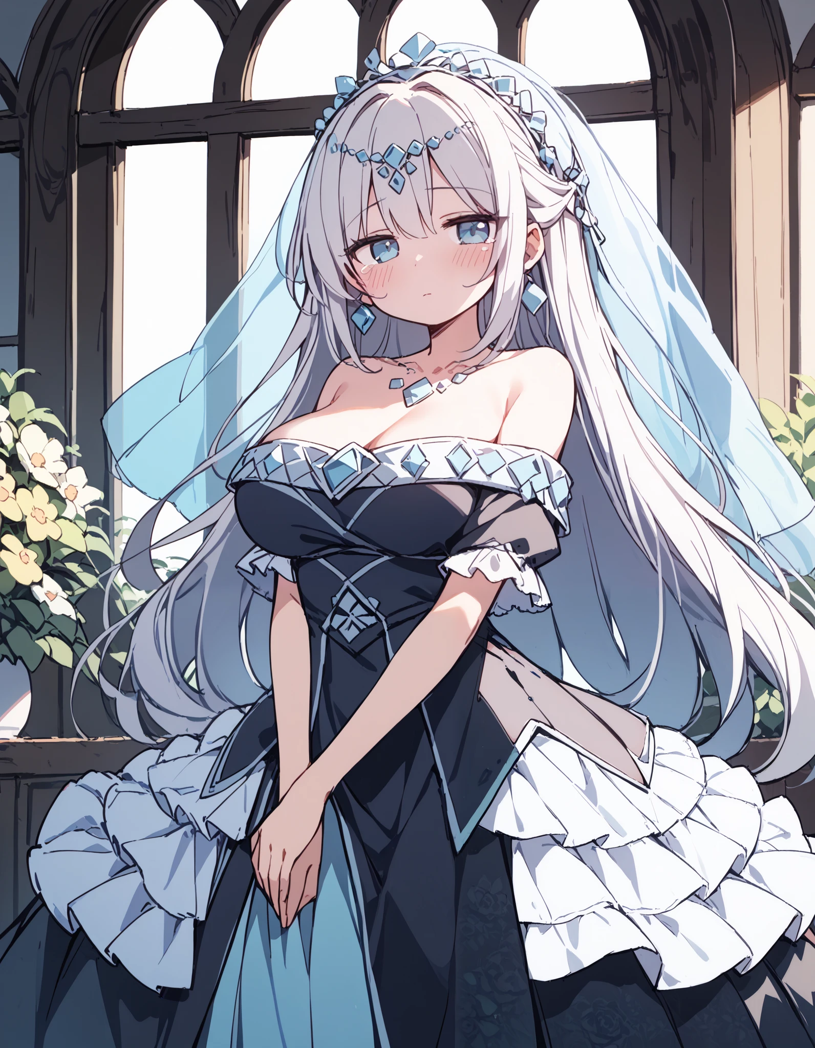 Top Quality Masterpiece, High Resolution, Teardrop, White Hair, Blue Eyes, Beautiful Girl, Big Breasts, Dress, Veil, Off Shoulder, Long Hair, Straight, Nice, Buddy, Blushing Love, Melody, Dele, Beautiful Breasts, Shy Cowboy Shot