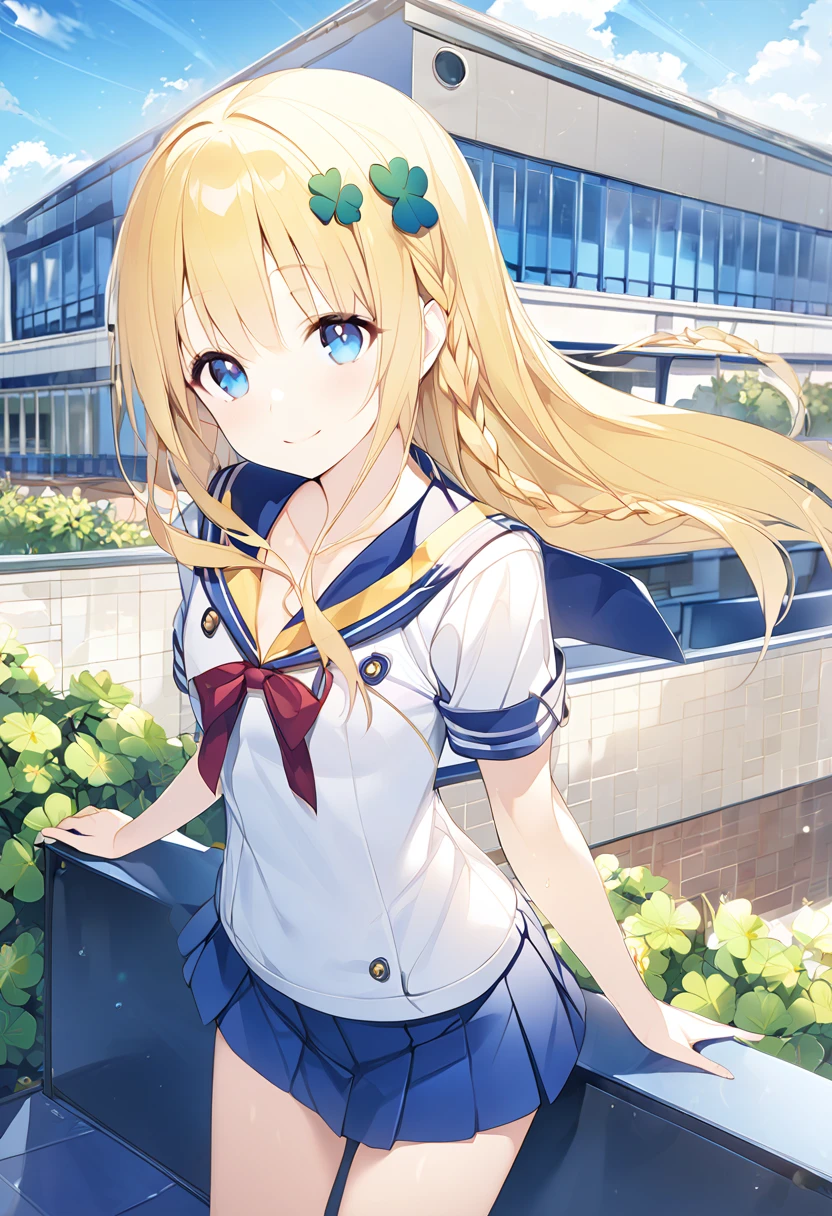  Masterpiece、 very young girl 、 Extremely small bust 、 slender body、Thin legs、 cobalt blue eyes 、Bright yellow long hair、 braid long hair、Clover's single hair ornament、 sailor suit、 red ribbon on her chest 、 blue sky、School building、School buildingの前、smile、