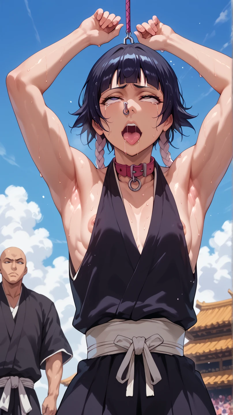 a picture, inspired by Kentaro Miura, trending on pixiv, soifon from bleach, black uniform, favorite scene, fine details, skins, sweating, small breasts, both hands raised, armpits, (small head),armpits visible, dripping with sweat, more more sweat, ((Japanese clothes)),open mouth,rolling eyes,muscle,kneel down,open legs,For the audience, (muscle:1.2),Looking at the audience, tired, (small breasts),sexy body,perfect body,(drooling), tears, head wet, runny nose, black hair, dog collar,transparent nose hook.