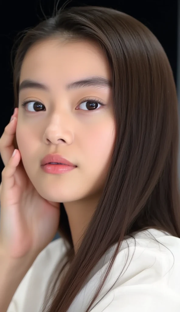  1 girl、Photo Mapping、Physically based rendering、 high image quality、 high res、1080P、( beautiful faces)、(Detailed description of the face)、( Detailed description of the hand setter&#39;Muscle area)、( CG in detail)、 rich details 、( Stunning Features :1.35)、( detail eyes)、 of cute ladies are looking forward to your eyes、Delicate clavicle、 Various Poses、 very realistic and detailed upper body portrait of a young woman。The skin is beautiful、 soft light reflecting high on her cheeks .、 Tiny pores and hair follicles、 You can see even the thinnest blood vessels 。The skin is smooth、natural flushing of cheeks 、Healthy glow。 The eyes are large and clear blue、Her iris has fine patterning、 Light is reflecting and shining in the eye。 There is a slight shadow under her eye 、 Her eyelashes are long and naturally curled。 her lips are soft pink 、Smooth texture with a natural glow、 Slightly reflects light。  the woman wears a simple white top  .、 background is pale black and white gradation .、 The focus is entirely on the face and upper body。 Realistic shadows and textures、 picture-like depiction.。
