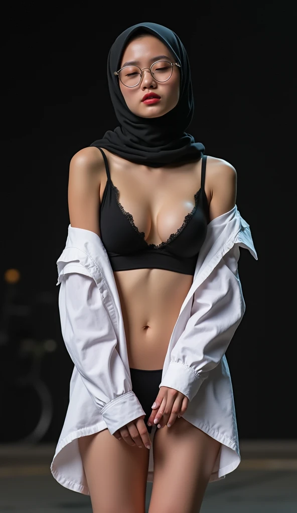 a stomach ache scene with a malay girl wearing black hijab at home... wearing white facemask.. wearing white bra and g string underwear.. no pants.. she was laying on the wall with hand straight above head... soft stomach.. less lighting