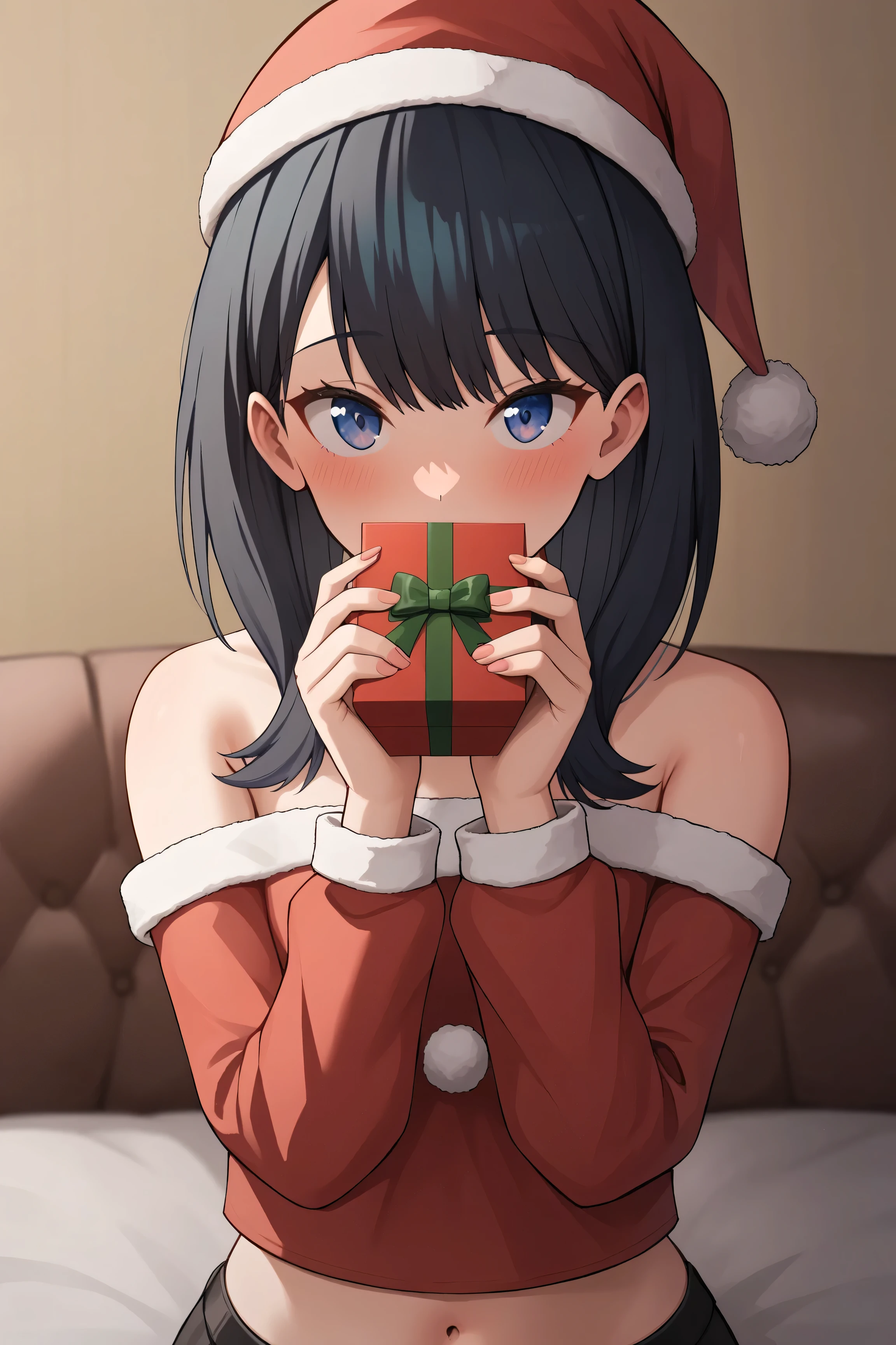 score_9,score_8_up,score_7_up, looking_at_viewer, upper_body, close up, holding_gift by hands, covered_mouth, incoming_gift, blush, takarada_rikka, 1girl, solo, simple red christmas costume, santa hat, Off-Shoulder, midriff-baring outfit, living room, christmas, 