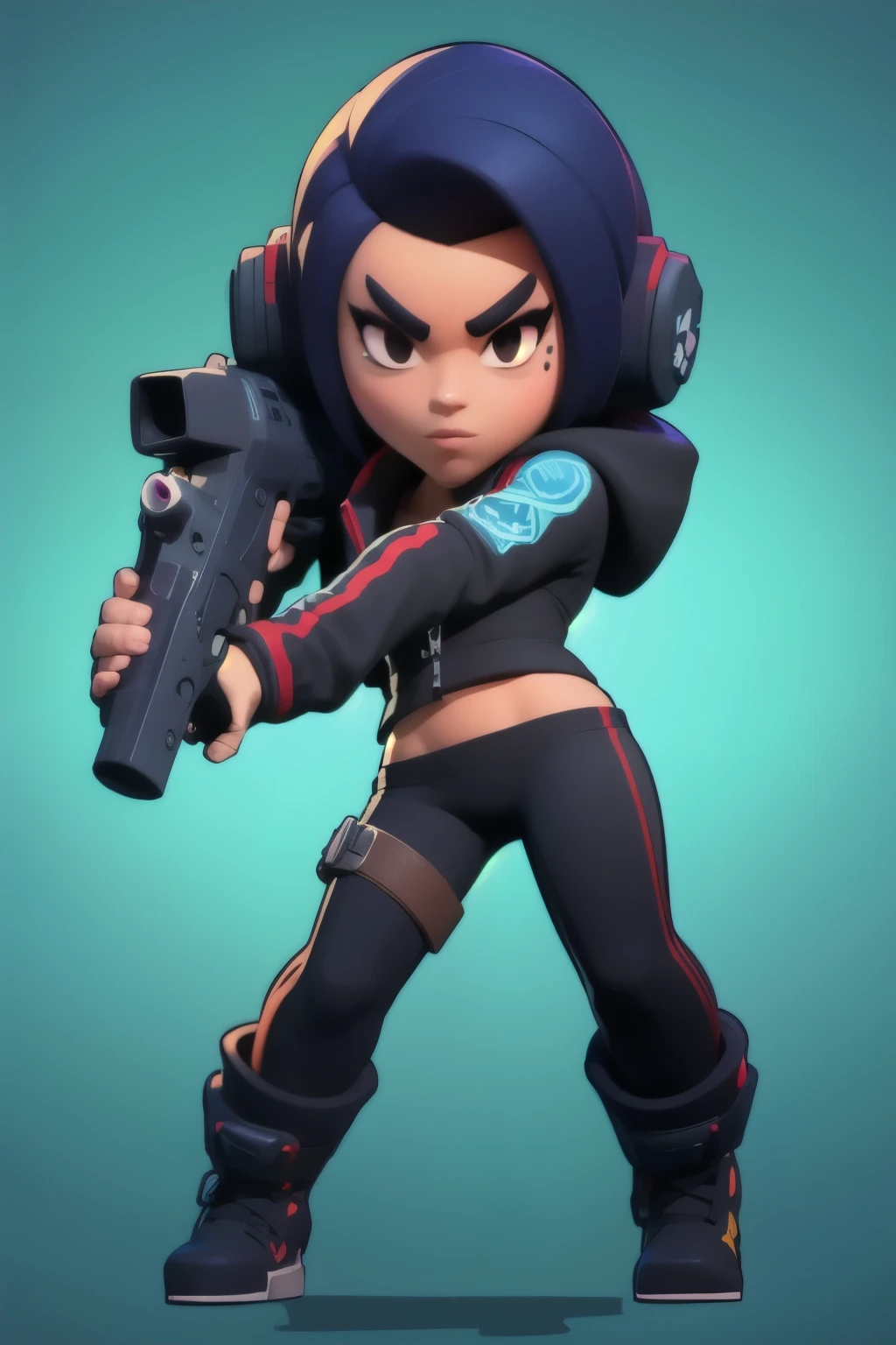 a close up of a person holding a gun and a flashlight, ((wearing a metalhead costume)) , brawl stars, splash art brawlstars, epic art style, blaster fire bright as neon, game character, in game style 8k, merged character, fortnite art style, stylized character, holding a blaster, slick clammy skin, clash royal style characters, mobile game style, new character