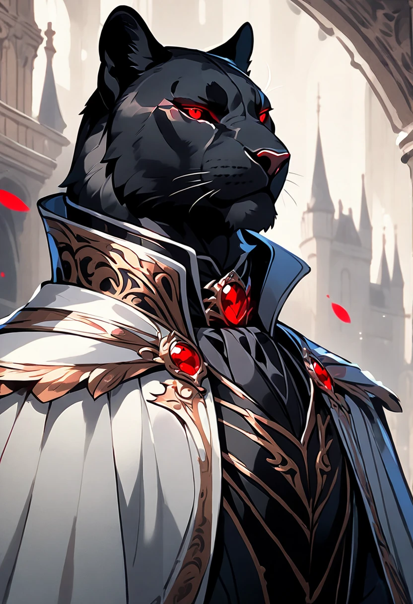 handsome anthropomorphic black panther with red glowing eyes wearing a black butlers suit, regal, elegant, medieval fantasy vibes, light novel art, black sleek pelt, villain, gothic victorian, detailed furry art, cool, sexy, masculine