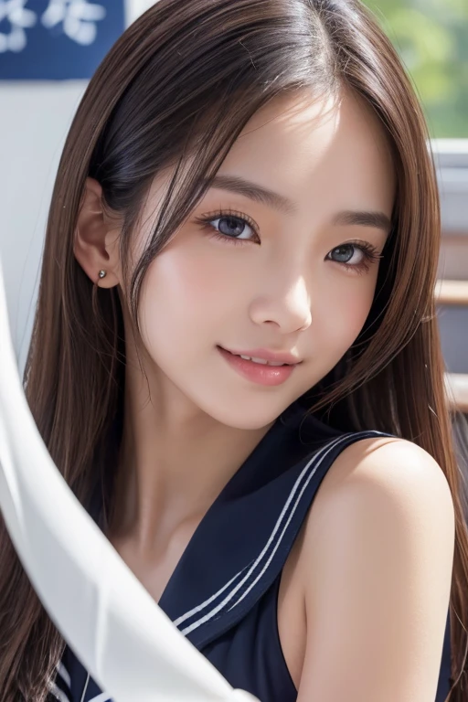 (One Girl), ((Very cute face)), Great face and eyes, (Highly detailed eyes, Highly detailed face), Fresh, Very beautiful appearance, (Ultra-realistic, High resolution), (highest quality:1.4), RAW Photos, (Realistic, Realistic:1.37), Professional photography , (Wet and see-through sailor uniform:1.1)  , Smile a little, (look at me) , Portrait of a Girl  , (gigantic breasts:1.3)   , ((()))   , ((junior high rown short hair:0.9) , (wavy hair:1.3) , (Nipples visible through sailor uniform:1.3) , (Please tilt your head a little) , Perfect nipples , ((Nipples are light pink )) , ((light pink areola))  ,  (sweating cleavage:1.2) , (cum on her breasts ) , (small nipples) , (upper body) , (lying down on the bed:1.3) , (young face:1.3) , (little girl:1.3) , (on your back:1.4) ng face:1.3) , (bare breasts:1.5) , (naked:1.3)