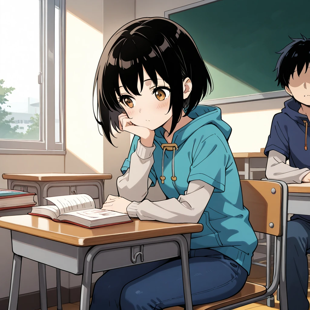 family photo, best quality, masterpiece, Character 1: [jade_jca, 1girl, black hair, short hair, brown eyes, hoodie, layered sleeves, jeans, sitting, classroom, head rest, book]. -------Break -----Character 2: faceless male with dark-hair that is wearing a blue sweater,