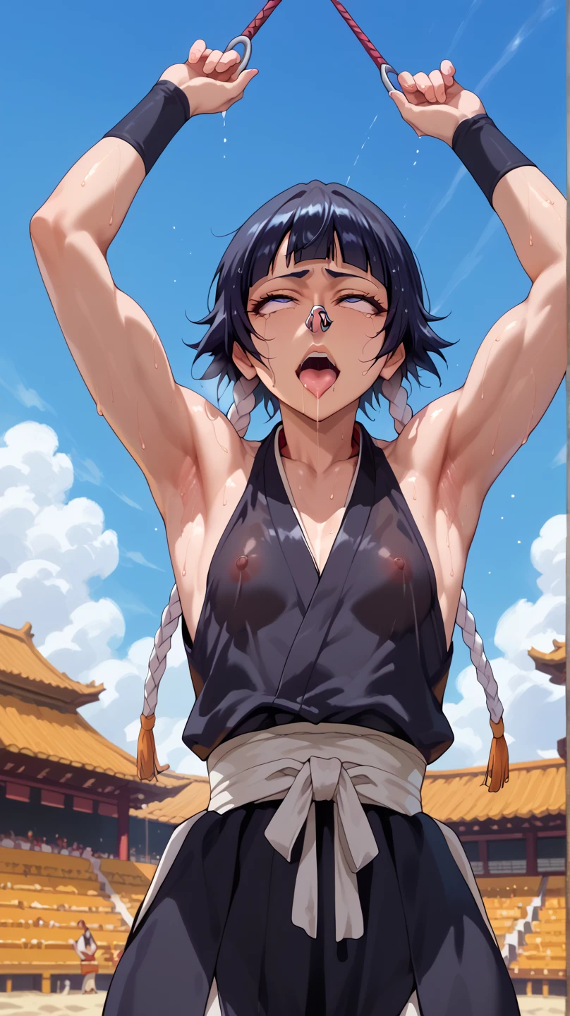 a picture, inspired by Kentaro Miura, trending on pixiv, soifon from bleach, black uniform, favorite scene, fine details, skins, sweating, small breasts, both hands raised, armpits, (small head),armpits visible, dripping with sweat, more more sweat, ((Japanese clothes)),open mouth,rolling eyes,muscle,kneel down,open legs,For the audience, (muscle:1.2),Looking at the audience, tired, (small breasts),sexy body,perfect body,(drooling), tears, head wet, runny nose, black hair, Nipple exposure，(dog collar) ,transparent nose hook.