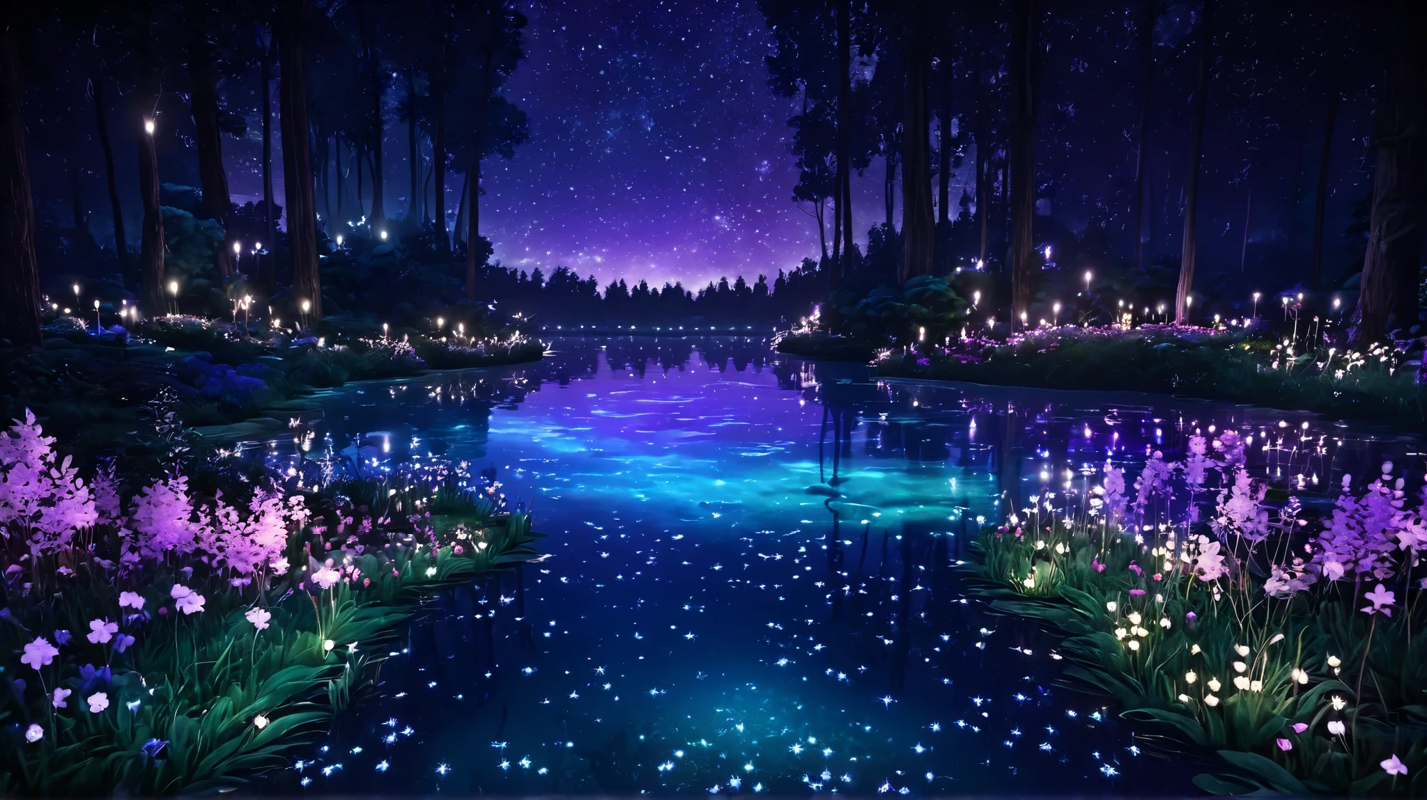 A serene nighttime forest scene perfect for sleep aid videos. The setting features a tranquil river surrounded by glowing flowers and softly lit candles along the water's edge. The trees have soft purple and blue hues, and the sky is illuminated by a star-filled galaxy. The atmosphere is dreamy and calm, creating a magical and peaceful environment, ideal for relaxation and sleep. Anime-like style with a 16:9 aspect ratio.