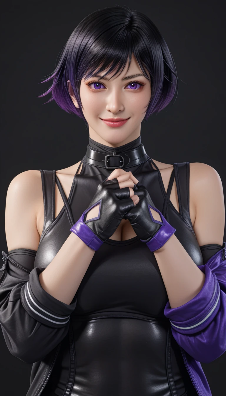 score_9, score_8_up, score_8_up,
reina mishima, reina mishima \(tekken\),reina mishima outfit \(tekken\), 1girl, solo, breasts, looking at viewer, smile, short hair, large breasts, black hair, gloves, bare shoulders, purple eyes, jacket, upper body, purple hair, multicolored hair, sweat, choker, black gloves, fingerless gloves, lips