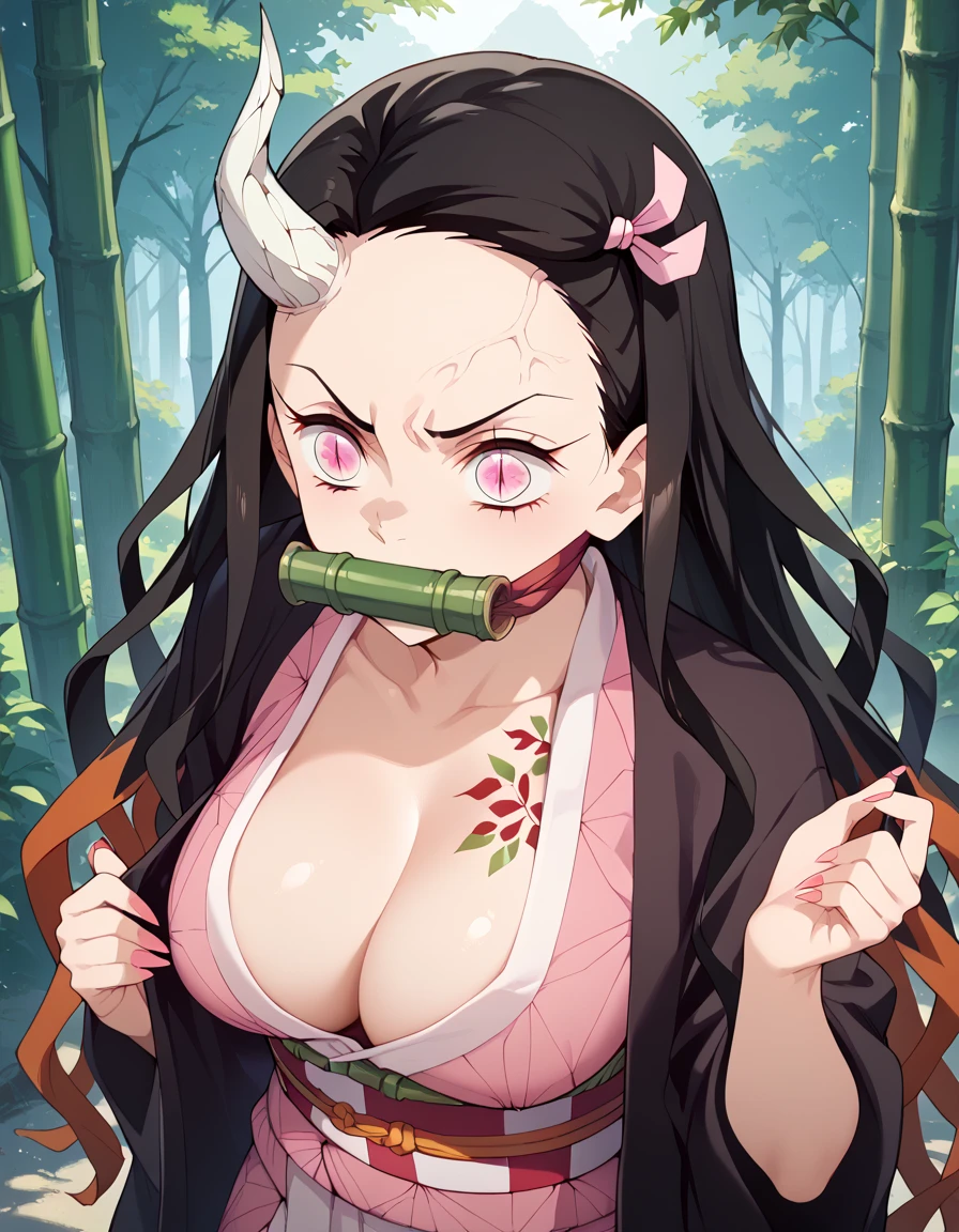 Nezuko Kamado large breasts, Curvy body, multi colored hair, pink kimono,  pale pink eyes, bamboo, black slit pupils, bit gag, gag, monkey was bitten, sharp finger nails, Vine like tattoos all over grow all over her skin with veins popping out wherever visible; single horn that appears on right forehead when she enters a berserk state and transforms into an adult version of herself.  (Masterpiece High quality)