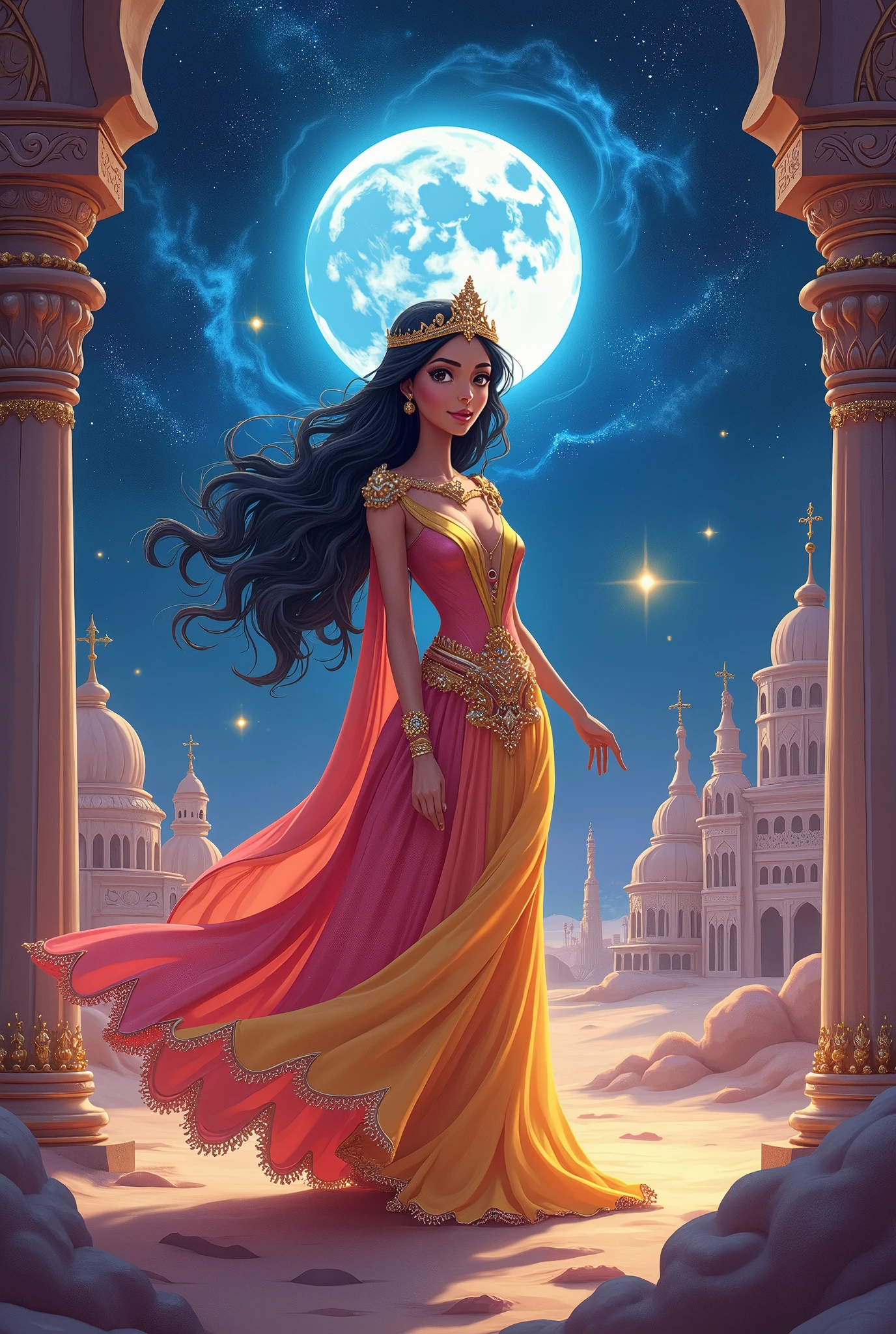 Arabian Nights,  Desert Palace , Queen of the Desert,  like a beautiful goddess ,  colorful dress , Swirling galaxies on the lunar desert ,  A Beautiful Night Sky ,  moonlight, Cartoon Art, 