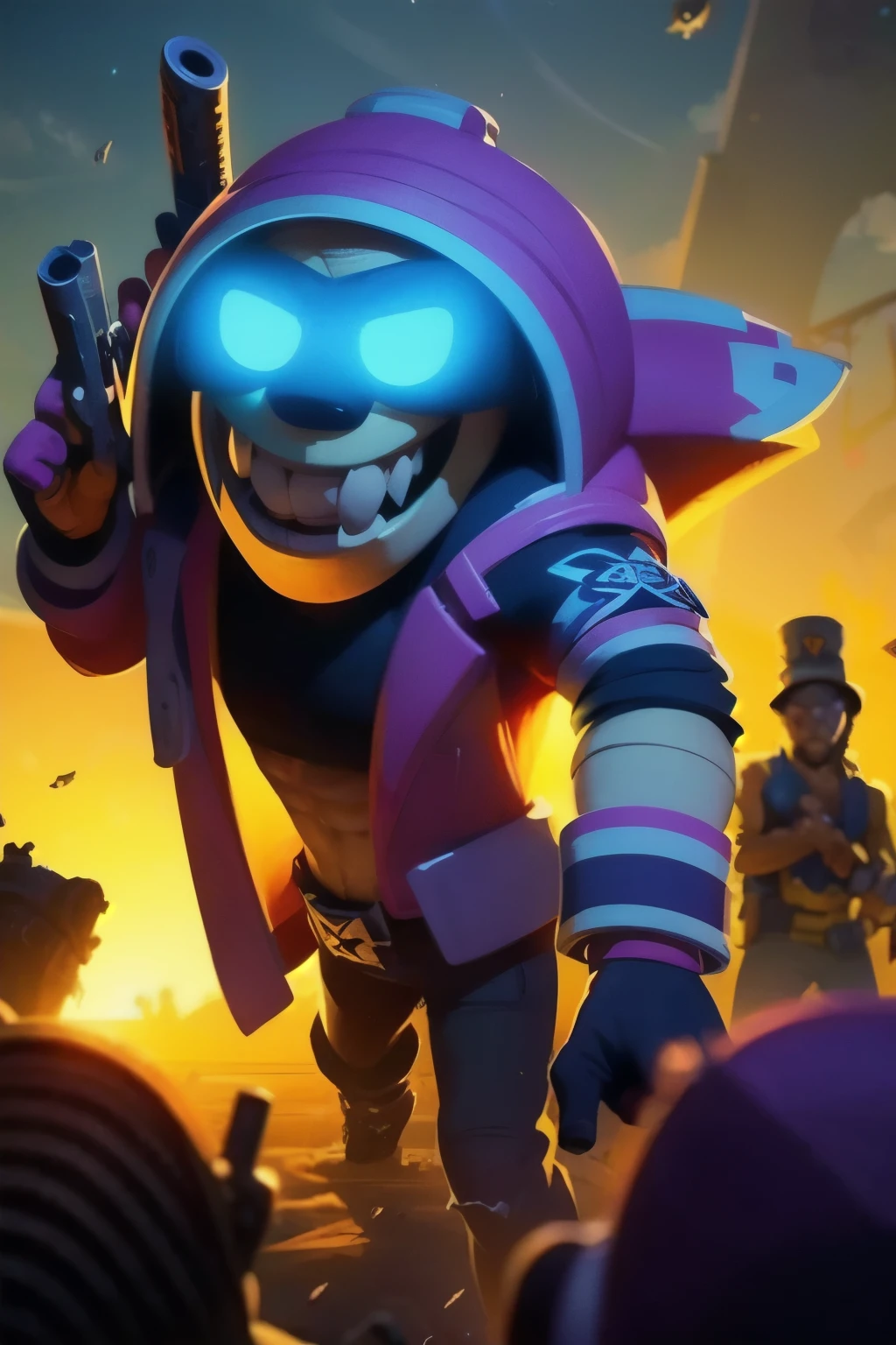 a close up of a person holding a gun and a flashlight, ((Eddie a Iron maiden mascot, Monster, horror)) , brawl stars, splash art brawlstars, epic art style, blaster fire bright as neon, game character, in game style 8k, merged character, fortnite art style, stylized character, holding a blaster, slick clammy skin, clash royal style characters, mobile game style, new character