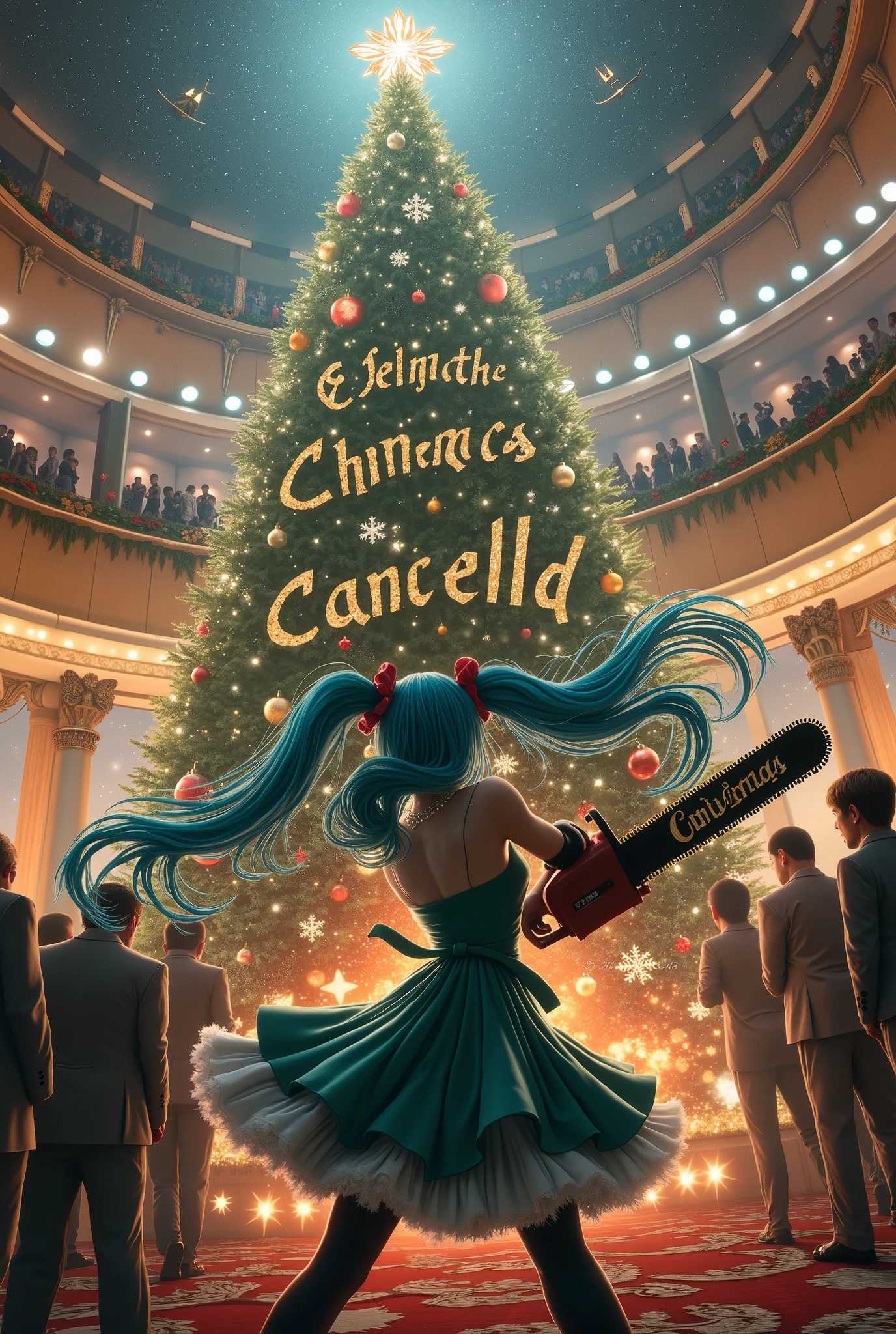  super real 、 Realistic Art Style 、 real photo style 、 Christmas event venue 、 Christmas tree、 Hatsune Miku trying to slash a Christmas tree with a chainsaw 、 Hatsune Miku going wild with a chainsaw 、 Christmas wrapped event venue 、 Hatsune Miku desperately trying to cancel the Christmas event 、Hatsune Miku trying to slash a Christmas tree with a chainsaw 、 A man without a girlfriend Please describe the scene where a fun Christmas event is being held amidst the hustle and bustle 、Please describe a scene where a fun Christmas event is being held amidst the hustle and bustle、Draw the fancy letters "Christmas is cancelled"It contains the text characters of