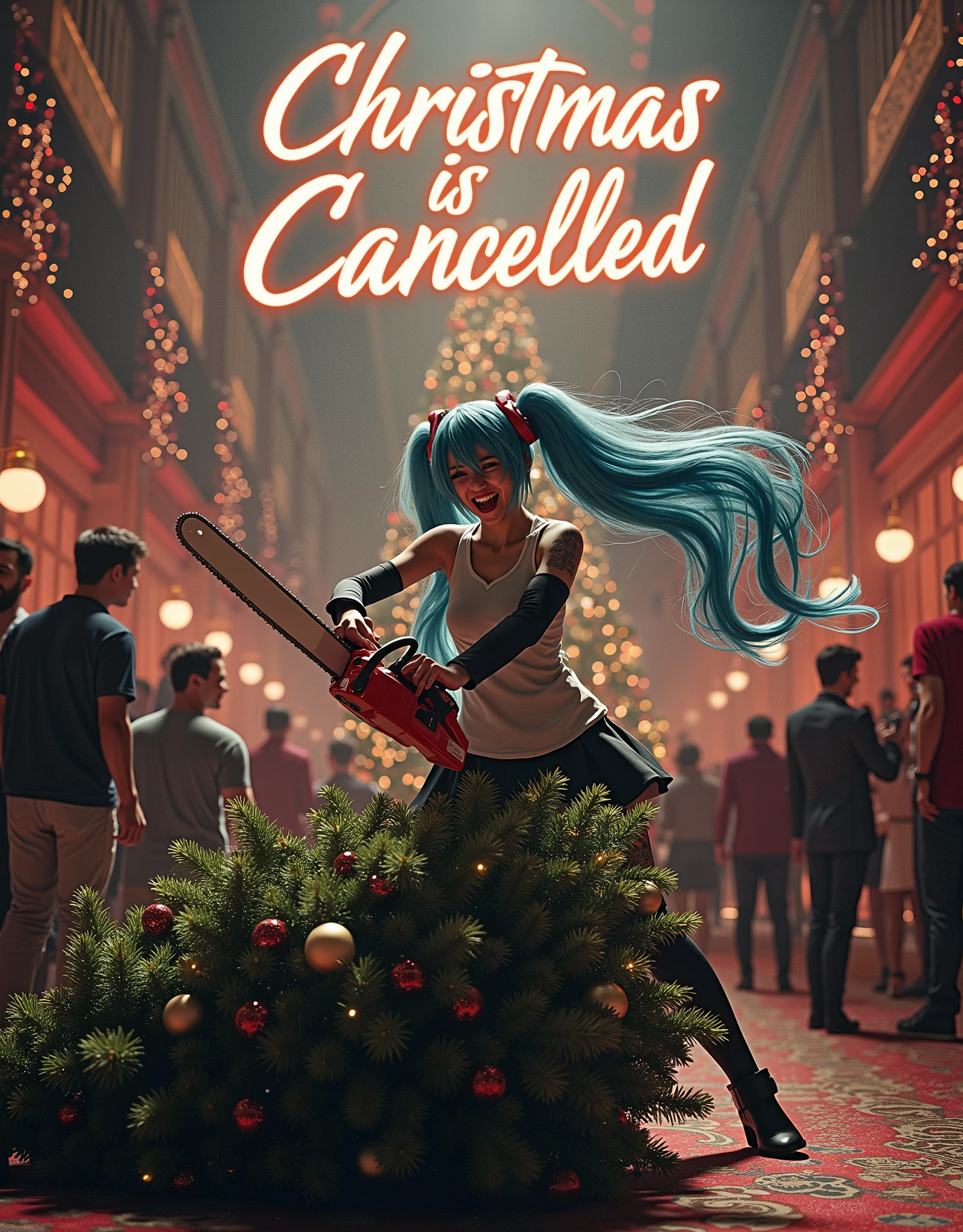  super real 、 Realistic Art Style 、 real photo style 、 Christmas event venue 、 Christmas tree、 Hatsune Miku trying to slash a Christmas tree with a chainsaw 、 Hatsune Miku going wild with a chainsaw 、Hatsune Miku with a happy smile 、 Christmas wrapped event venue 、 A Christmas tree that was cut down is rolling on the floor of the event venue、 Hatsune Miku desperately trying to cancel the Christmas event 、Hatsune Miku trying to slash a Christmas tree with a chainsaw 、Picture a scene where couples gather 、 men without girlfriends are cheering and making noise 、 and a fun Christmas event is being held in the midst of the hustle and bustle、Draw the fancy letters "Christmas is cancelled"It contains the text characters of