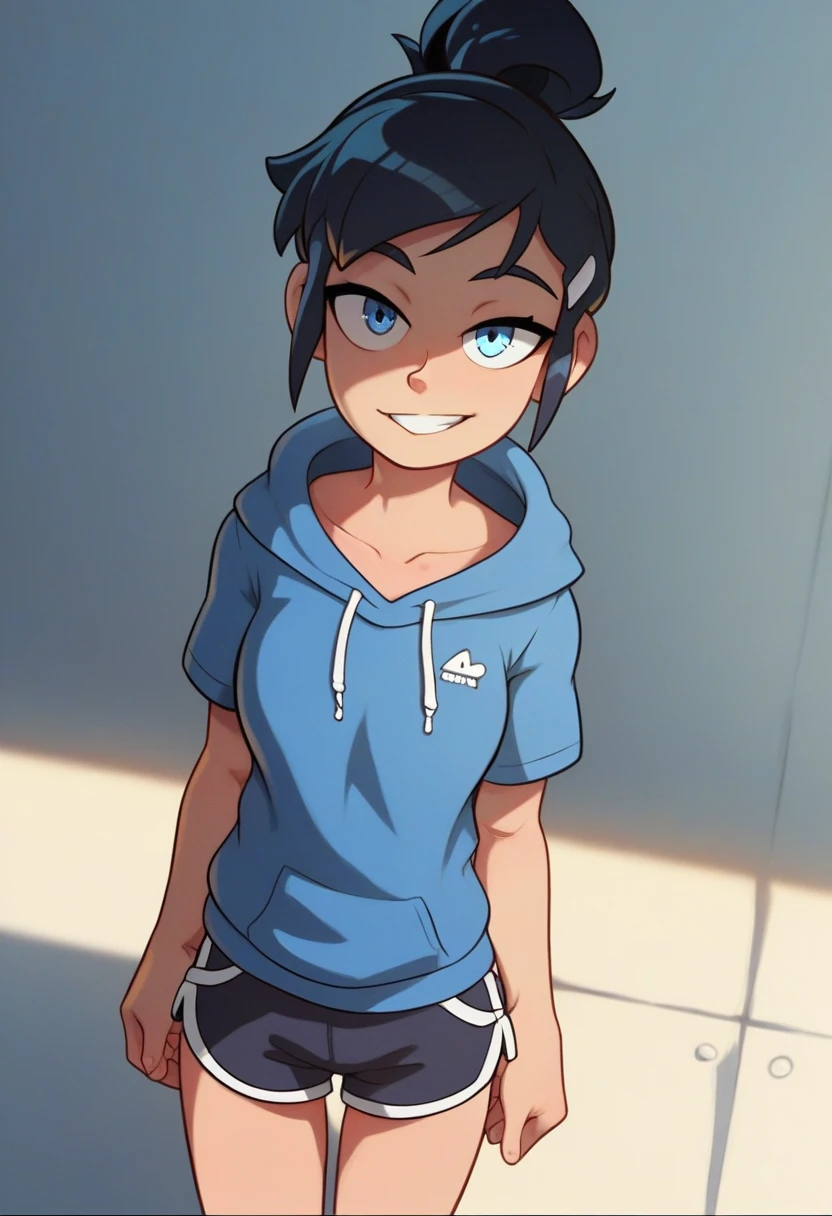 score_9, score_8_up, score_7_up, source_anime, best quality, clear face,skinny cool bright tomboy girl,black hair, blue eyes, medium hair, medium breasts, perfect body, s, looking at viewer, cool smile, mini black jumper shorts,blue underneath, plain blue hoodie,summer, dynamic angle,two hair strains on sides,medium hair,middle part,baggy clothes,hair going right,standing 