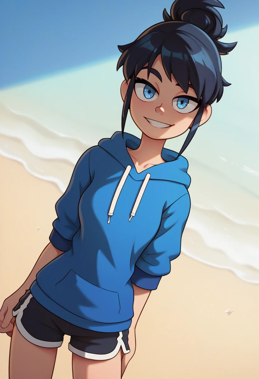 score_9, score_8_up, score_7_up, source_anime, best quality, clear face,skinny cool bright tomboy girl,black hair, blue eyes, medium hair, medium breasts, perfect body, s, looking at viewer, cool smile, mini black jumper shorts,blue underneath, plain blue hoodie,summer, dynamic angle,two hair strains on sides,medium hair,middle part,baggy clothes,hair going right,standing 