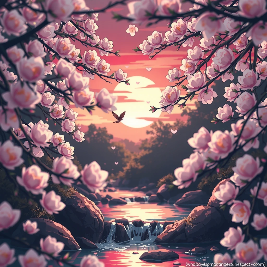 Depict a serene and emotional scene with a gentle stream surrounded by blooming cherry blossoms under a glowing sunset. Use soft colors and a tranquil atmosphere, inspired by anime and game art styles.