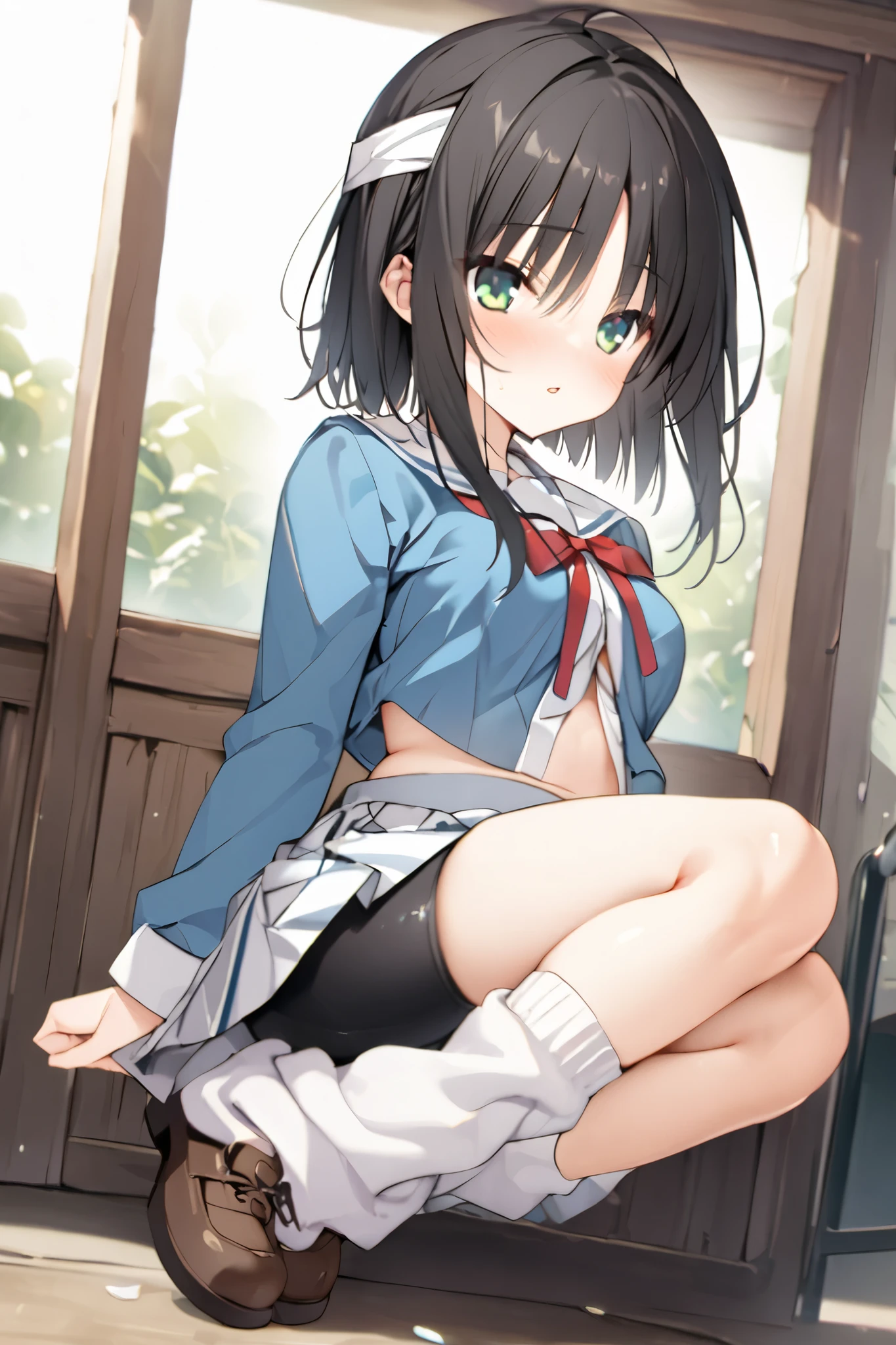 NSFW,masterpiece, top quality , high res, very detailed,Hitachi Moko、Yuzu Soft、 black hair、 medium hair、Green Eyes、 、 medium bust、 School Uniforms、side lock、short hair and long rock 、 headband、Tassel、 white sailor color 、 blue jacket、 cropped jacket 、Sleeveless、Red ribbon、 shirt、白 shirt、 Long Sleeve 、 skirt、青 skirt、フリル skirt、 black shorts、ショートパンツアンダー skirt、 bike shorts、 white socks、 Loose Socks 、shoes、Brown footwear