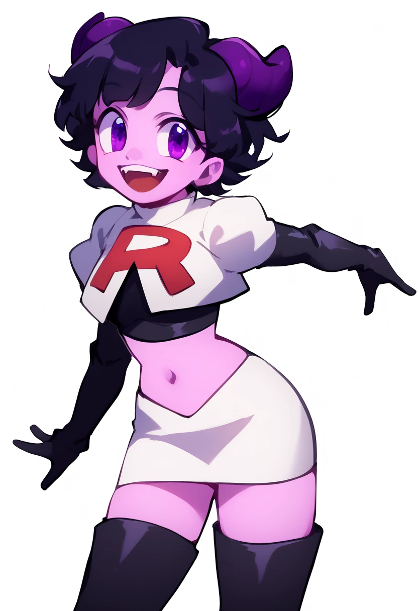 jellybean_yt, solo, looking at viewer, smile, short hair, open mouth, black hair, 1girl, white background, purple eyes, female focus, horns, teeth, colored skin, fangs, team rocket,team rocket uniform,white skirt,red letter R,crop top,black thigh-highs,black elbow gloves, source