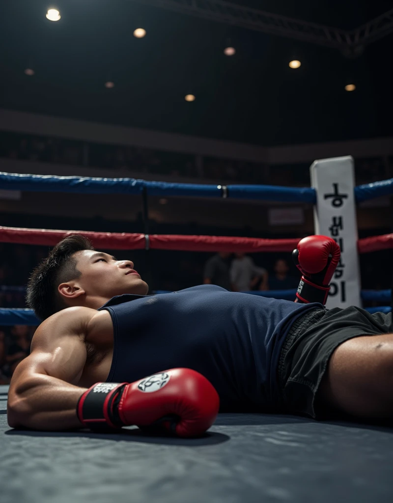 White male, 18 years old, very handsome, bare buttocks, on the boxing ring floor, knocked out, defeated, mouth open