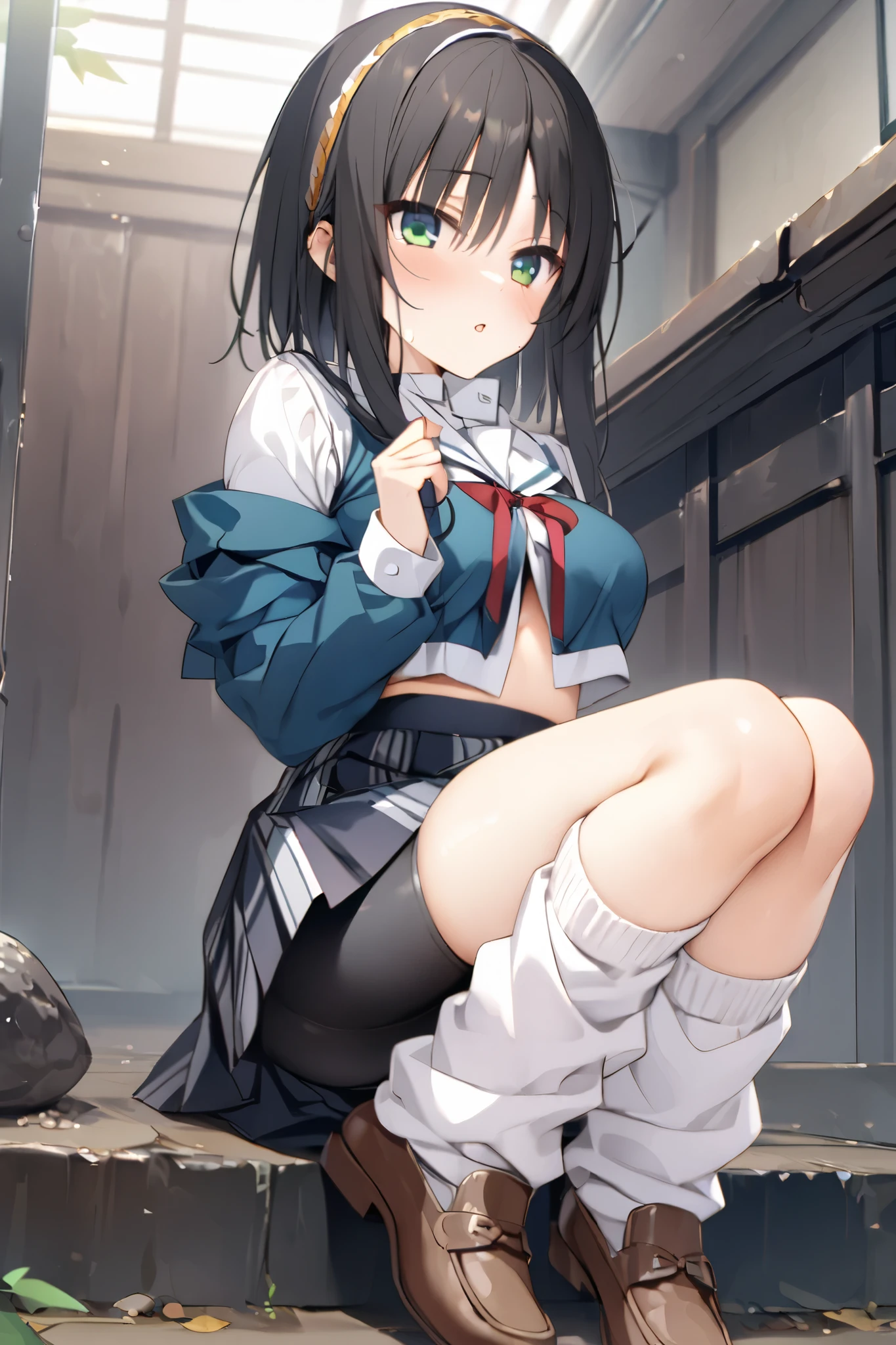 NSFW,masterpiece, top quality , high res, very detailed,Hitachi Moko、Yuzu Soft、 black hair、 medium hair、Green Eyes、 、 medium bust、 School Uniforms、side lock、short hair and long rock 、 headband、Tassel、 white sailor color 、 blue jacket、 cropped jacket 、Sleeveless、Red ribbon、 shirt、白 shirt、 Long Sleeve 、 skirt、青 skirt、フリル skirt、 black shorts、ショートパンツアンダー skirt、 bike shorts、 white socks、 Loose Socks 、shoes、Brown footwear