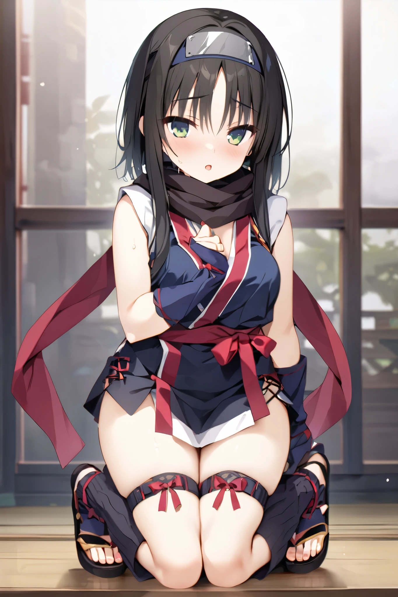 NSFW,masterpiece, top quality , high res, very detailed,Hitachi Mako 、Yuzu Soft、 black hair、 medium hair、Green Eyes、 、 medium bust、Ninja_clothing、side lock、 short hair 、 Long Locks、Forehead protector、black scarf 、Red scarf、 two-tone scarf 、 kimono、Ninja、 sleeveless 、Red ribbon、Purple Belt、gloves、青gloves、肘gloves、指なしgloves、short kimono 、 leg warmers with bow、 cross lace legwear、Sandals、 toeless footwear 