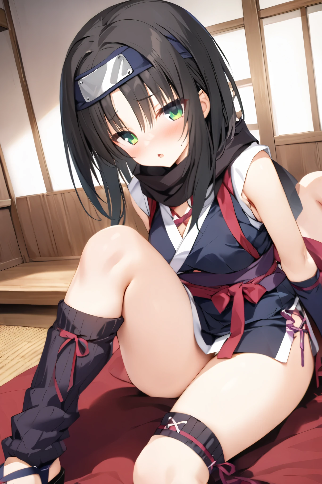 NSFW,masterpiece, top quality , high res, very detailed,Hitachi Moko、Yuzu Soft、 black hair、 medium hair、Green Eyes、 、 medium bust、Ninja、side lock、 short hair 、 Long Locks、Forehead protector、black scarf 、Red scarf、 two-tone scarf 、 kimono、Ninja、 sleeveless 、Red ribbon、Purple Belt、gloves、青gloves、肘gloves、指なしgloves、short kimono 、 leg warmers with bow、 cross lace legwear、Sandals、 toeless footwear 