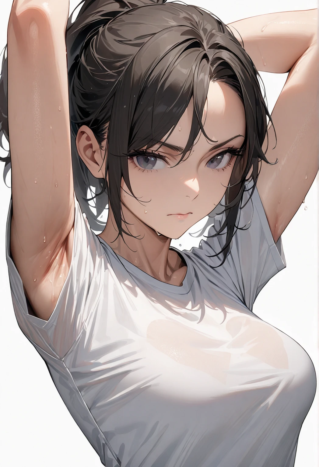 make a close up side view, wearing tank tops, sweaty body, full of sweat, medium breast, mole, sweaty armpits, steam, hairy
