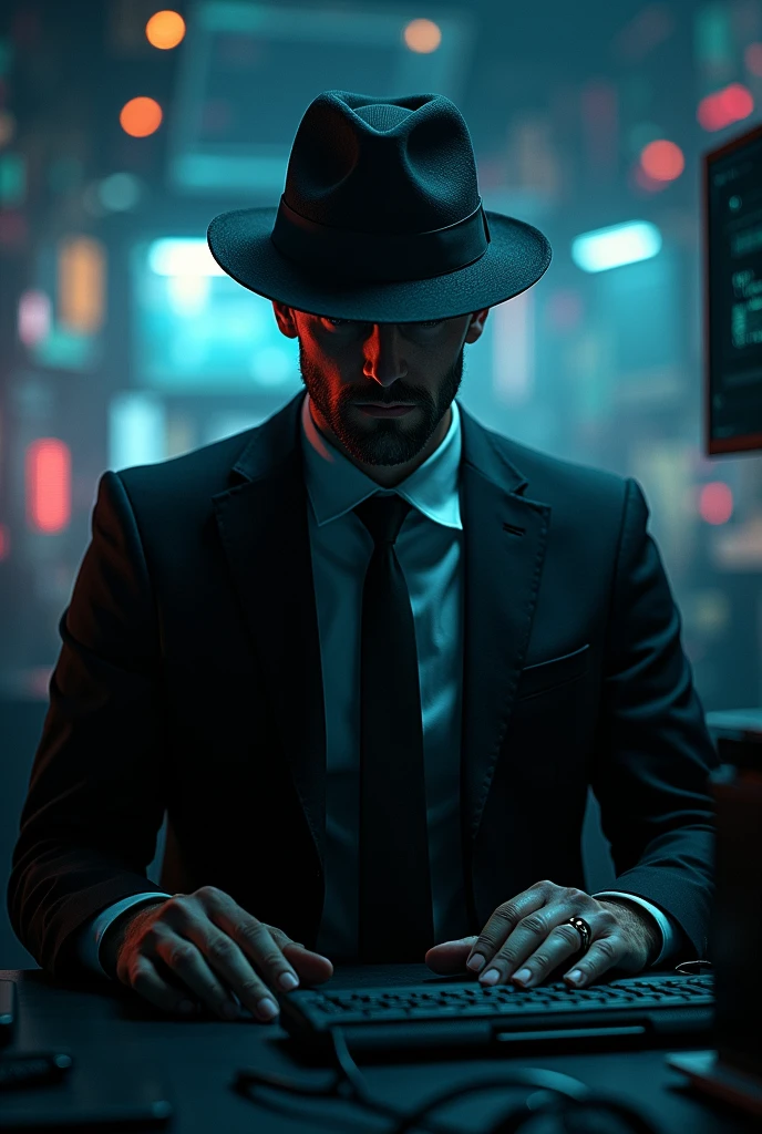 man in office sitting at a desk wearing futuristic detective clothing smoking cigar, cybernetic implants , hologram on table, cyberpunk, mad-neon-noir <lora:Neon_Noir_FLUX:0.9>
