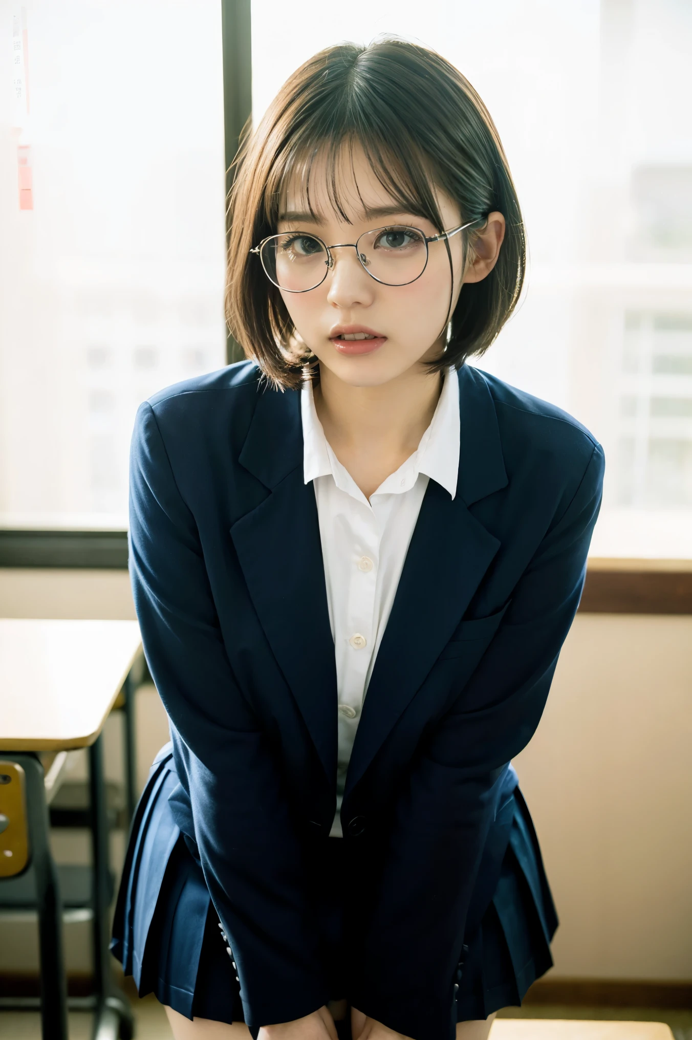 1girl,black-framed glasses,leaning forward,Perfect hands,panty pull,school uniform,shortcut hair,Navy blue blazer,pleated skirt,tongue out,Looking Down and Sleepy,school background,warm sunset lighting,bright and energetic atmosphere,detailed face,beautiful detailed eyes,beautiful detailed lips,extremely detailed eyes and face,long eyelashes,photorealistic,8k,best quality,masterpiece,highly detailed,vibrant colors,cinematic lighting,soft focus