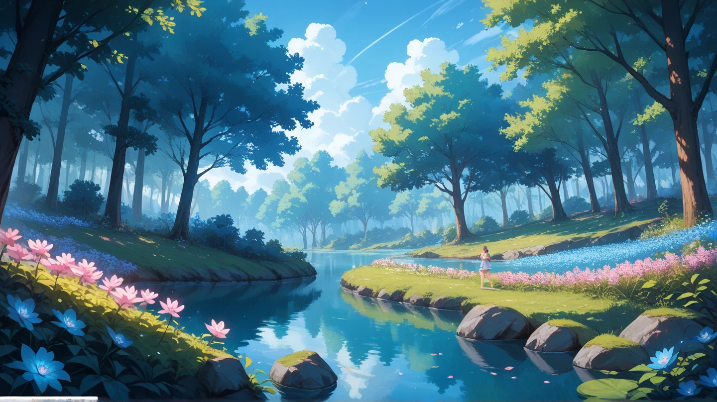 obra-prima, caprichoso, Anime fantastic landscape, sonho, wide vision, flor, Fadas, light particles, Lightweight joints, estrelas brilhantes, cometa passando ao longe, fantasia, astral, paz, cristal, montanha, lago, Natureza, jardim com vista para a paisagem, Flowing, (lua), Water lilies, Ghibli-como cores, Ghibli-como cores, Ghibli-como cores, cinematic lighting, profundidade de campo, character chart, Funciona prima, Funciona prima, anatomicamente correto, texturizada, super detalhe, de alta qualidade, Concedido, alto, best qualidade, 8k